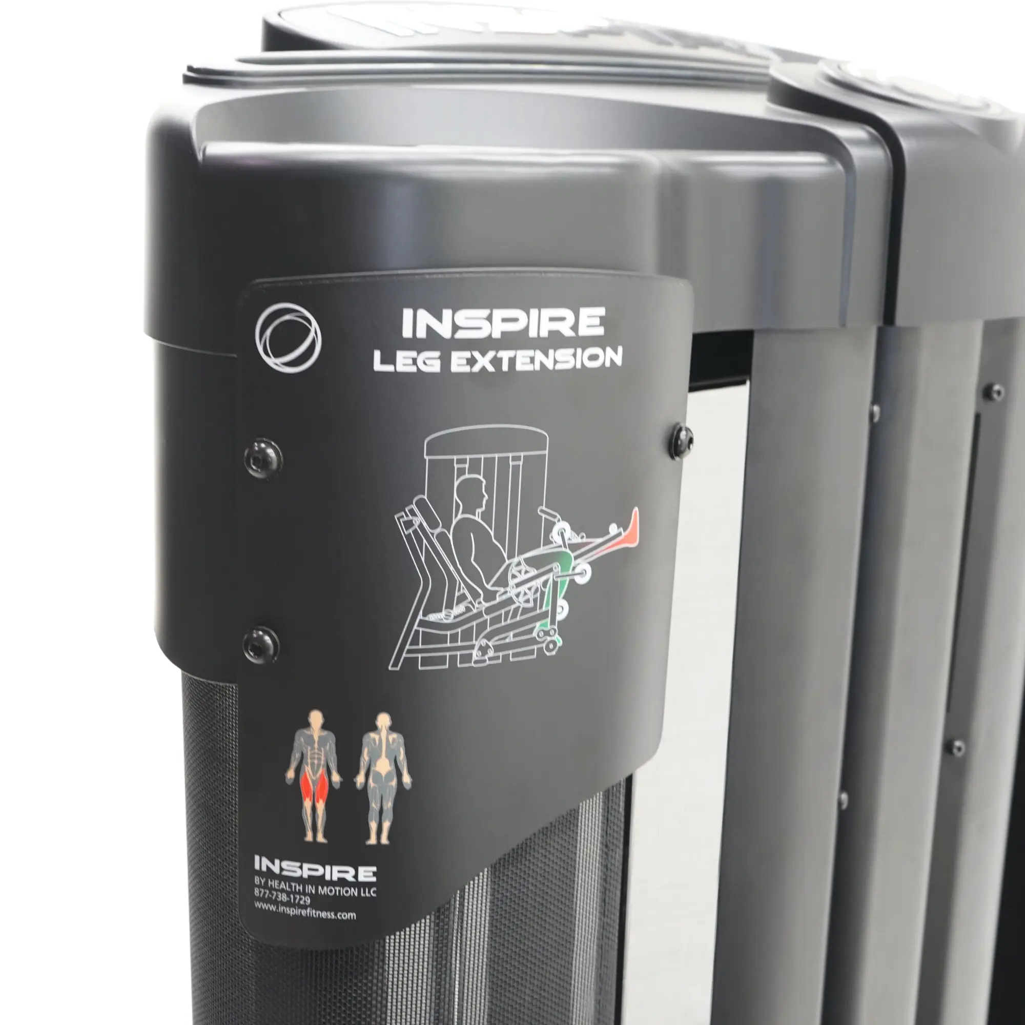 Zwarte beenverlengmachine met het label "INSPIRE LEG EXTENSION". Een diagram toont het gebruik.