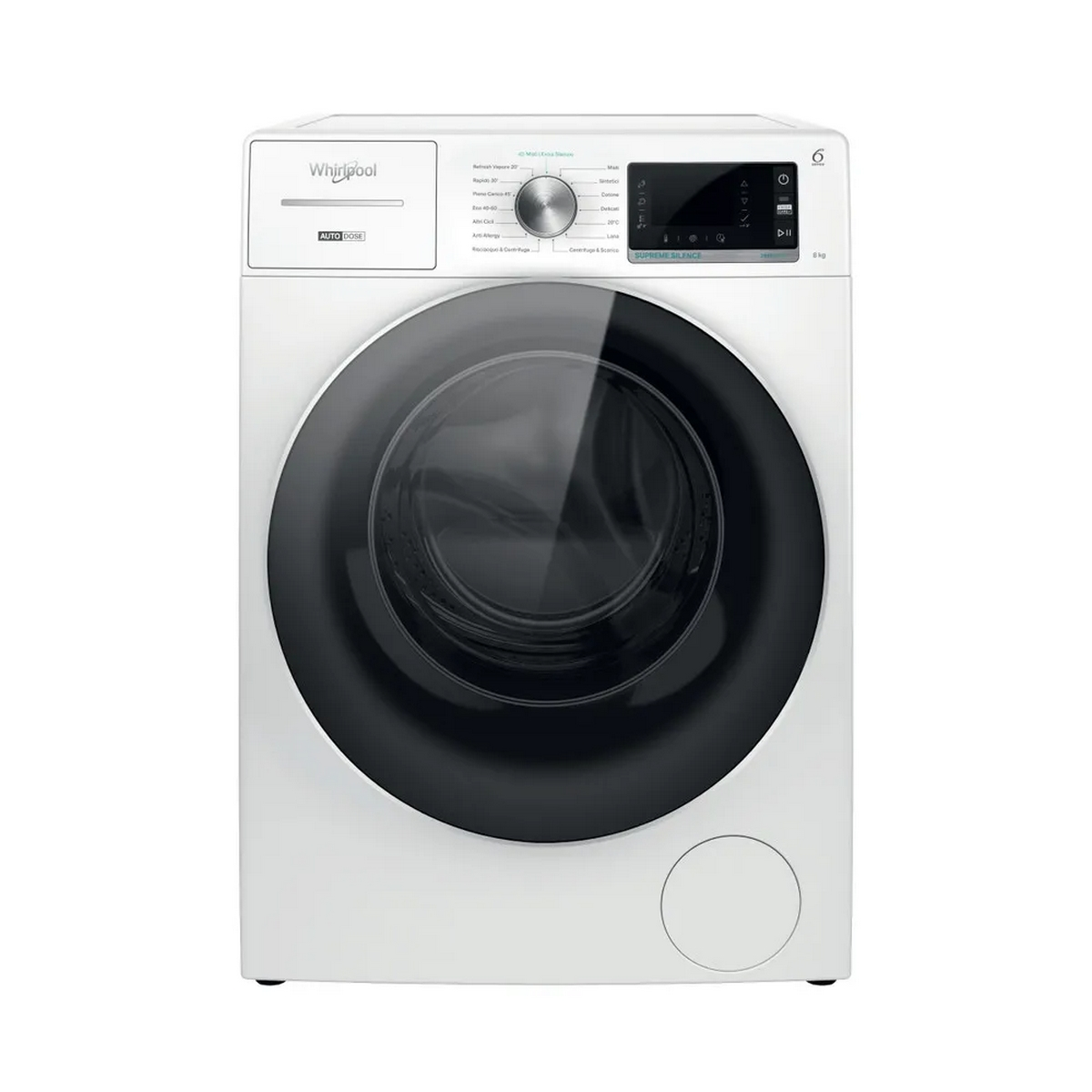 Lavatrice Whirlpool bianca, vista frontale. Ha una porta nera e un pannello di controllo.