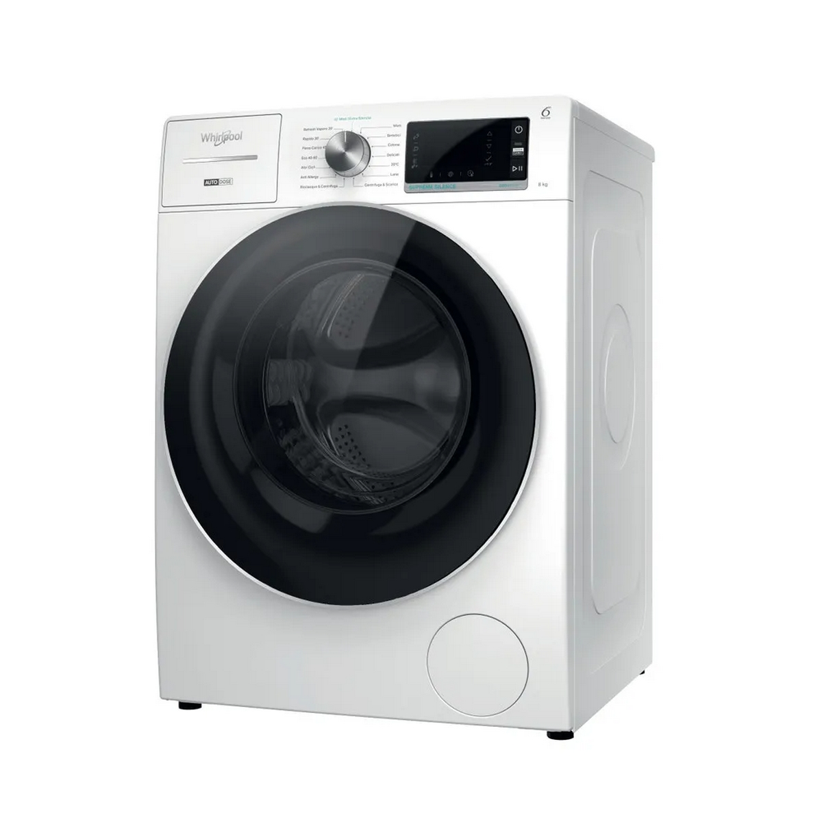 Una lavatrice Whirlpool bianca con porta nera. È un modello a carica frontale.