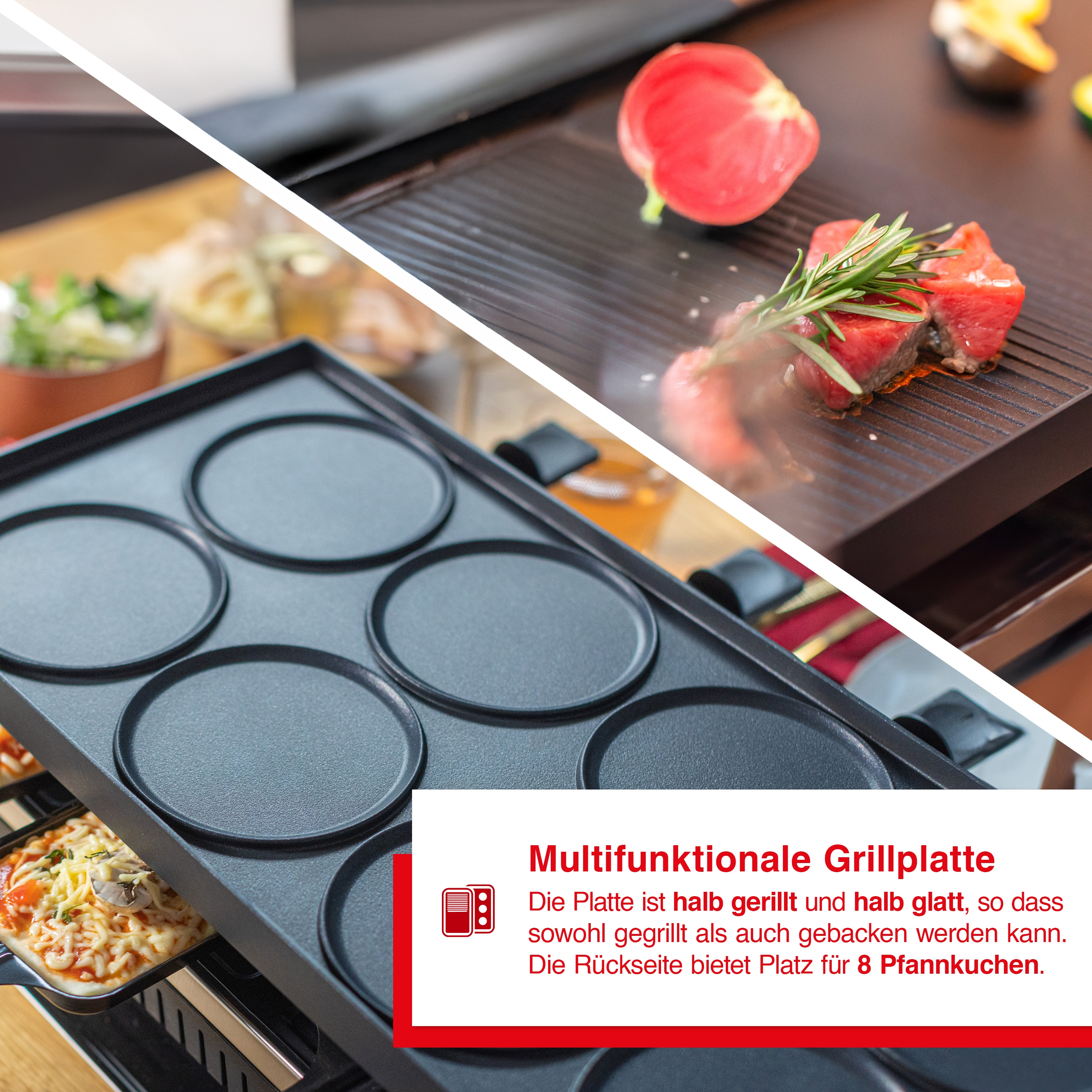 Eine multifunktionale Grillplatte, teils gerillt, teils glatt. Roter Text beschreibt Merkmale, mit Essen darauf.