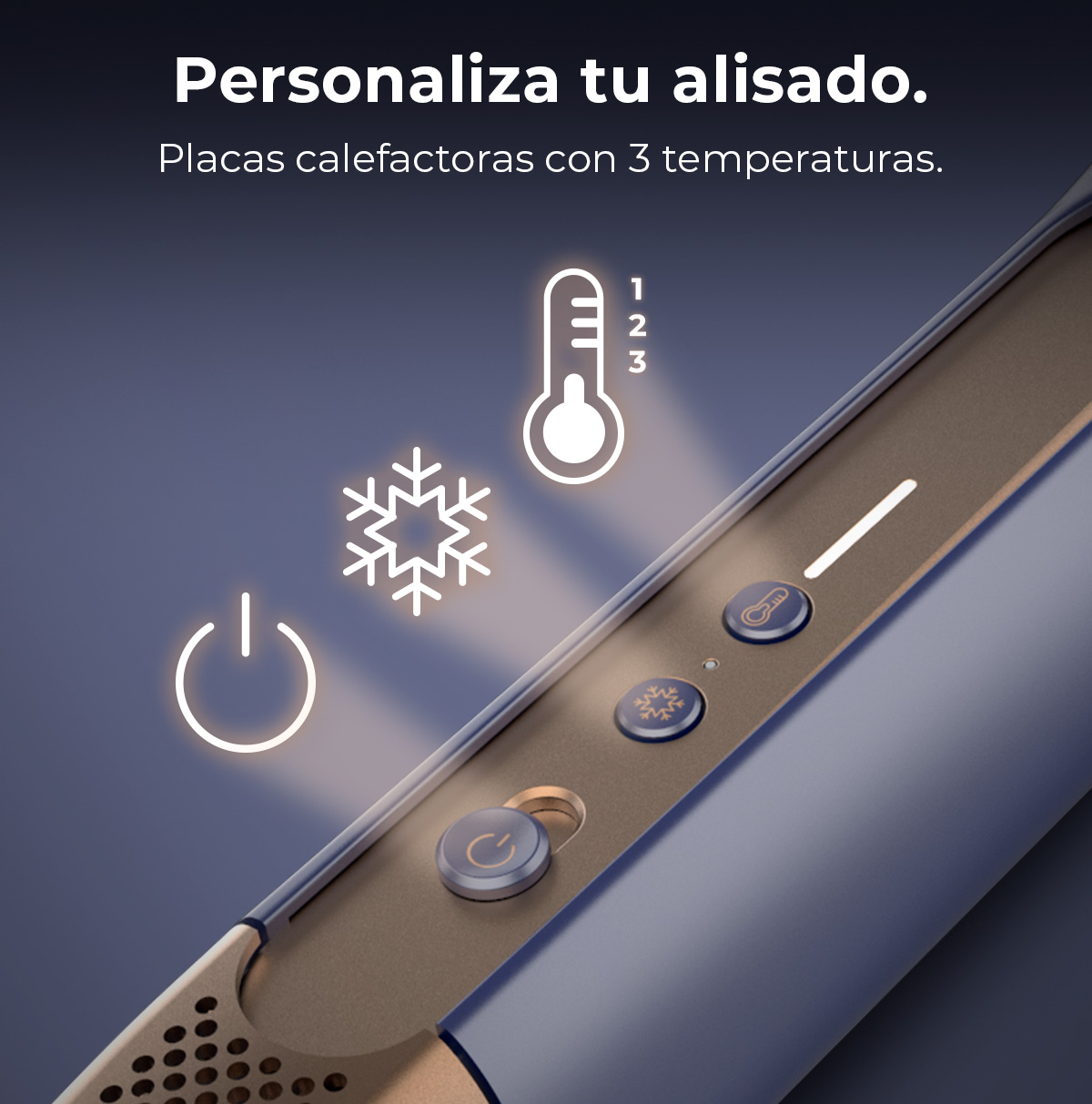 Primer plano de una plancha para el pelo con botones de encendido, copo de nieve y control de temperatura.