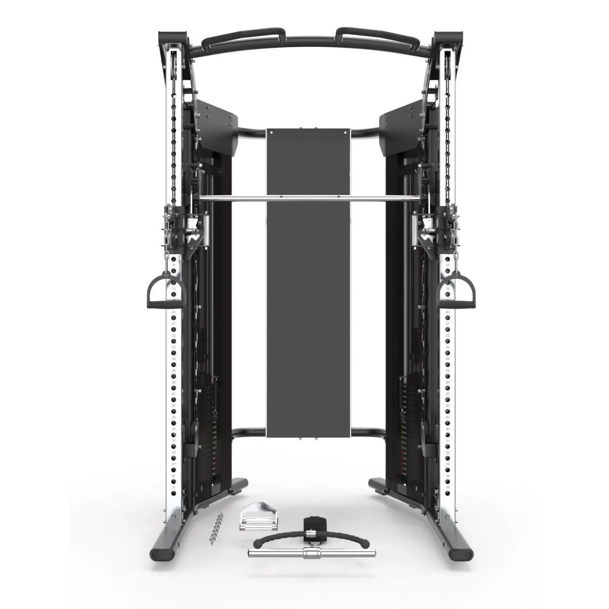 Een zwarte en zilveren sportschoolgewichtmachine. Het heeft kabels, stangen en gewichtstapels.