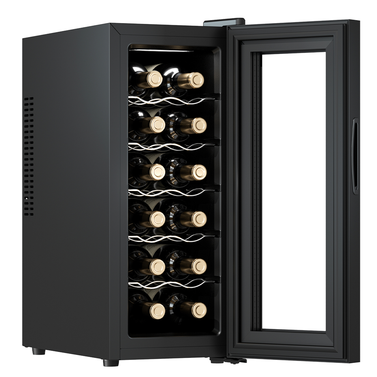 Czarna chłodziarka do wina z otwartymi drzwiami, pokazująca butelki wina na półkach.