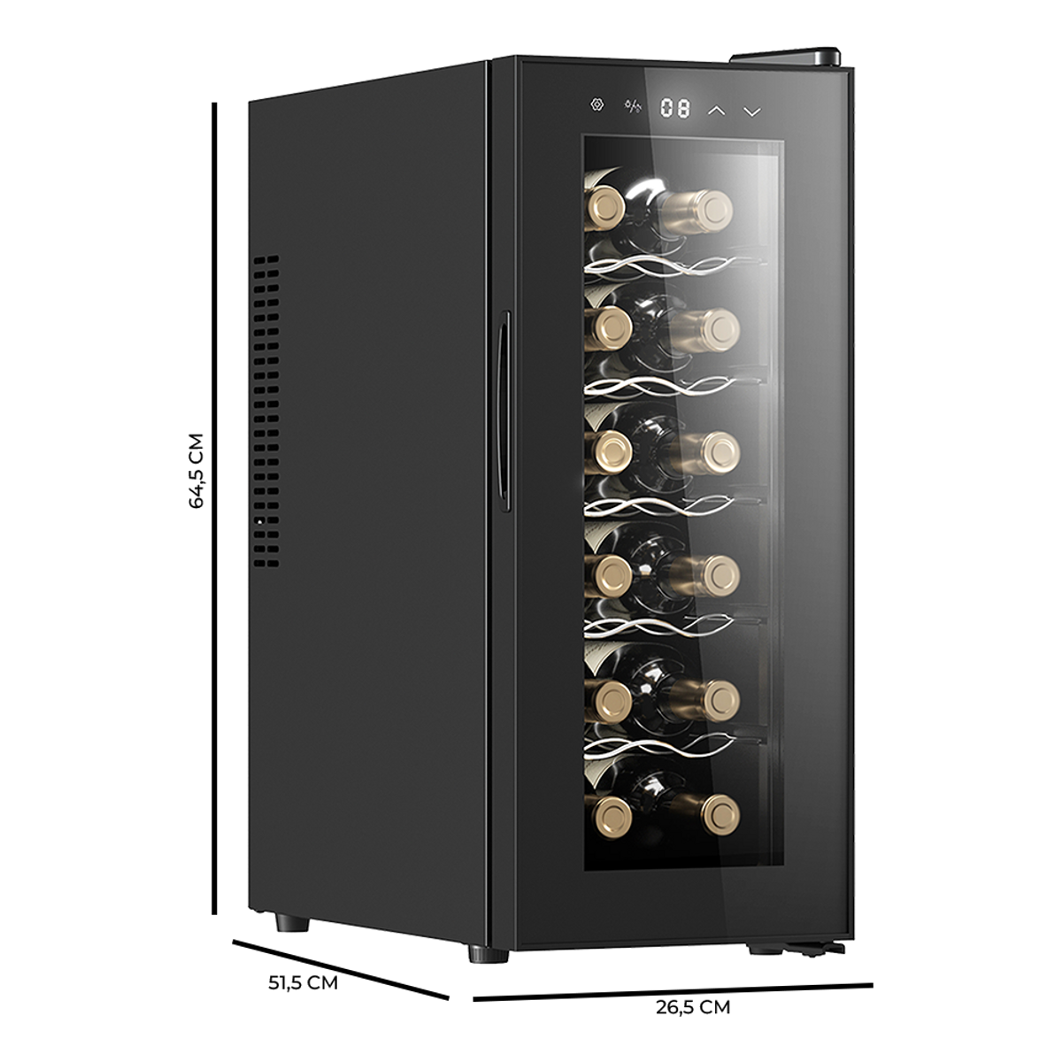 Czarna chłodziarka do wina ze szklanymi drzwiami, widoczne butelki wina w środku.