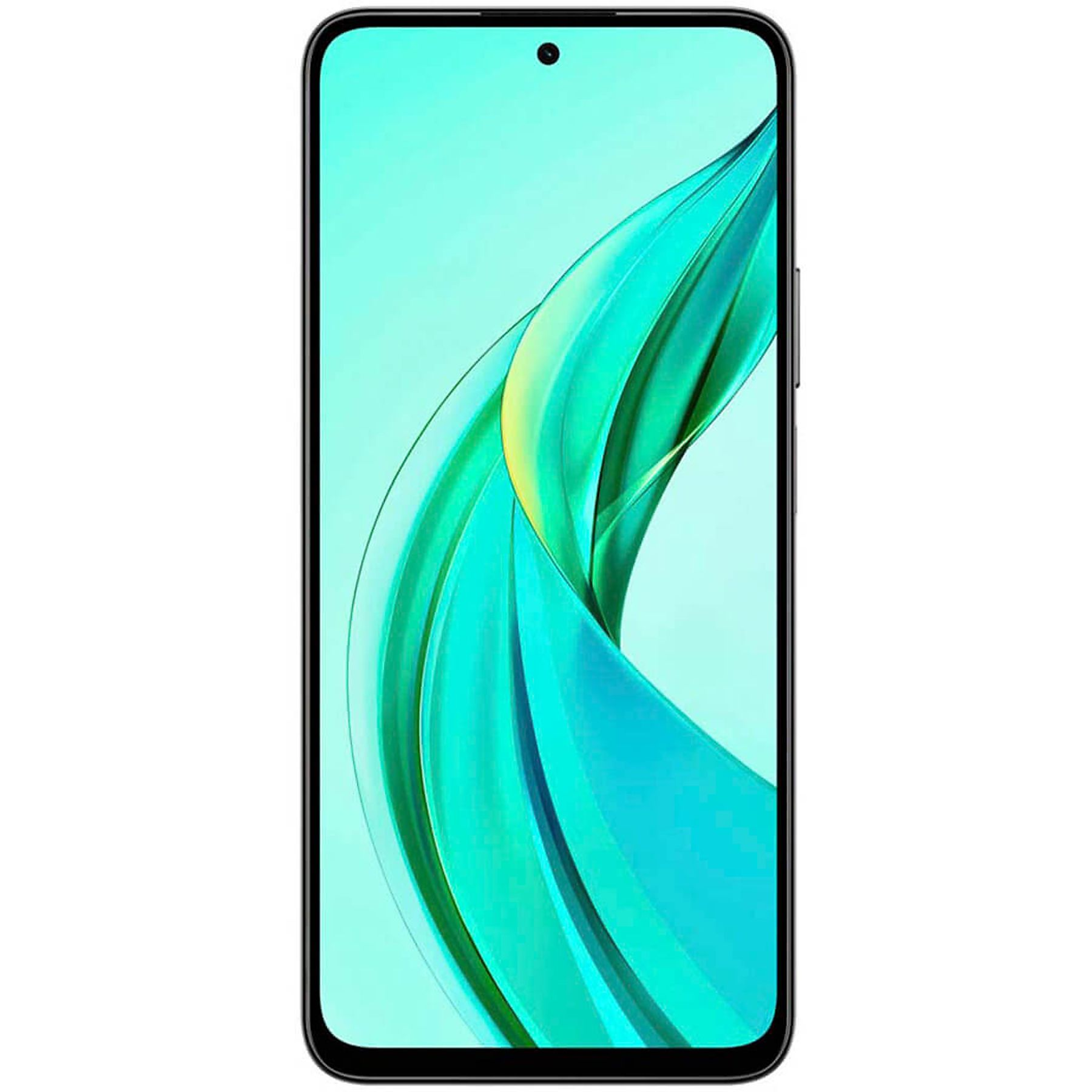 Uno smartphone con un ampio schermo che mostra uno sfondo astratto turchese e verde.