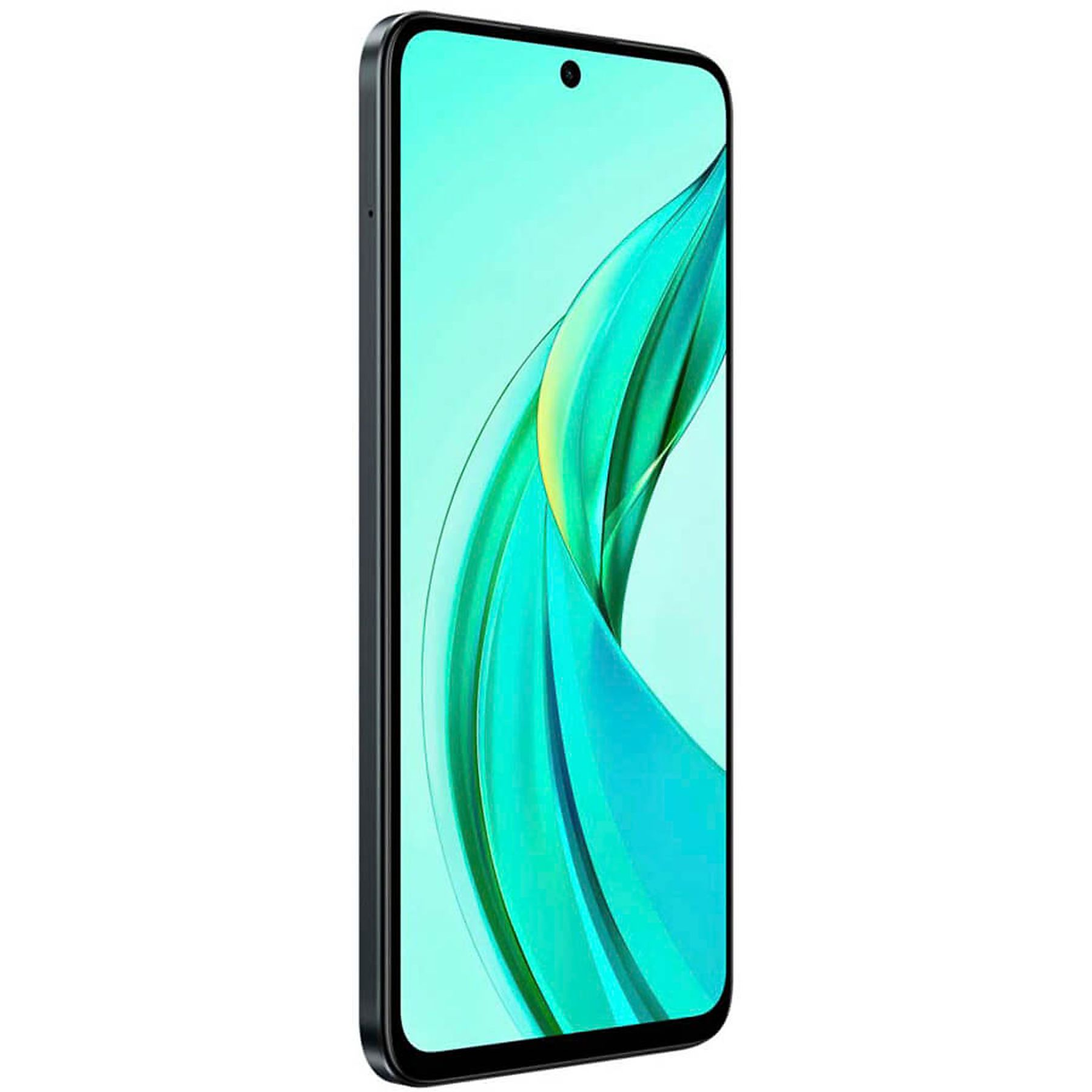 Smartphone con cornice nera, motivo a onde verdi e bianche sullo schermo.