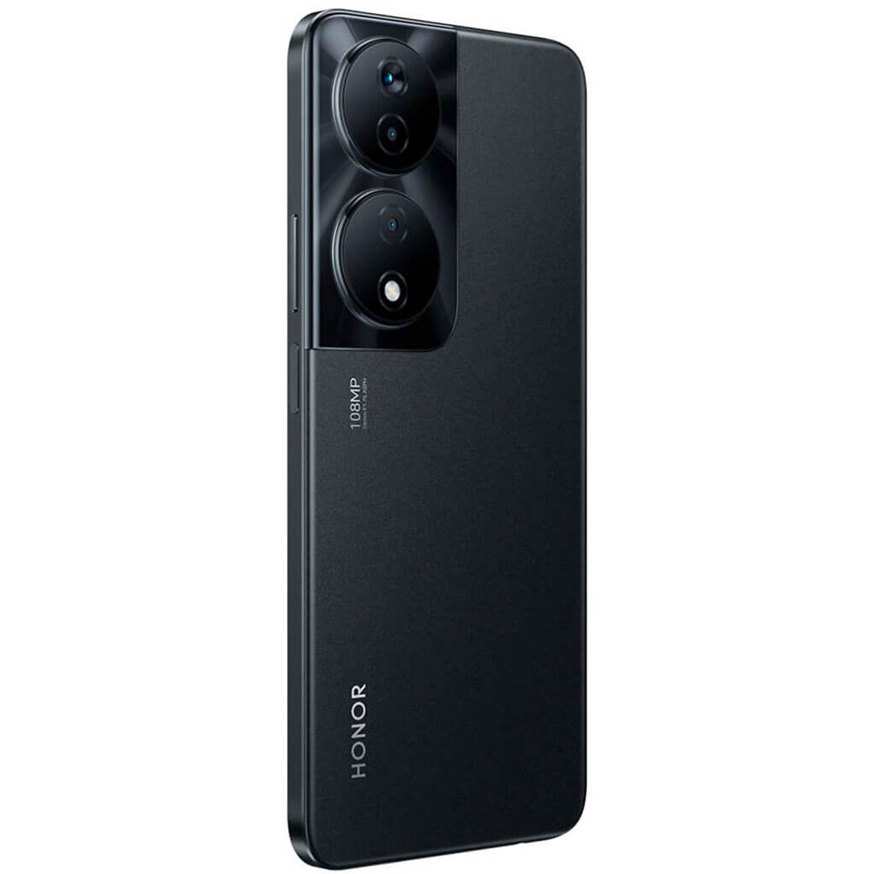 Uno smartphone HONOR nero con fotocamera a doppia lente e logo del marchio sul retro.