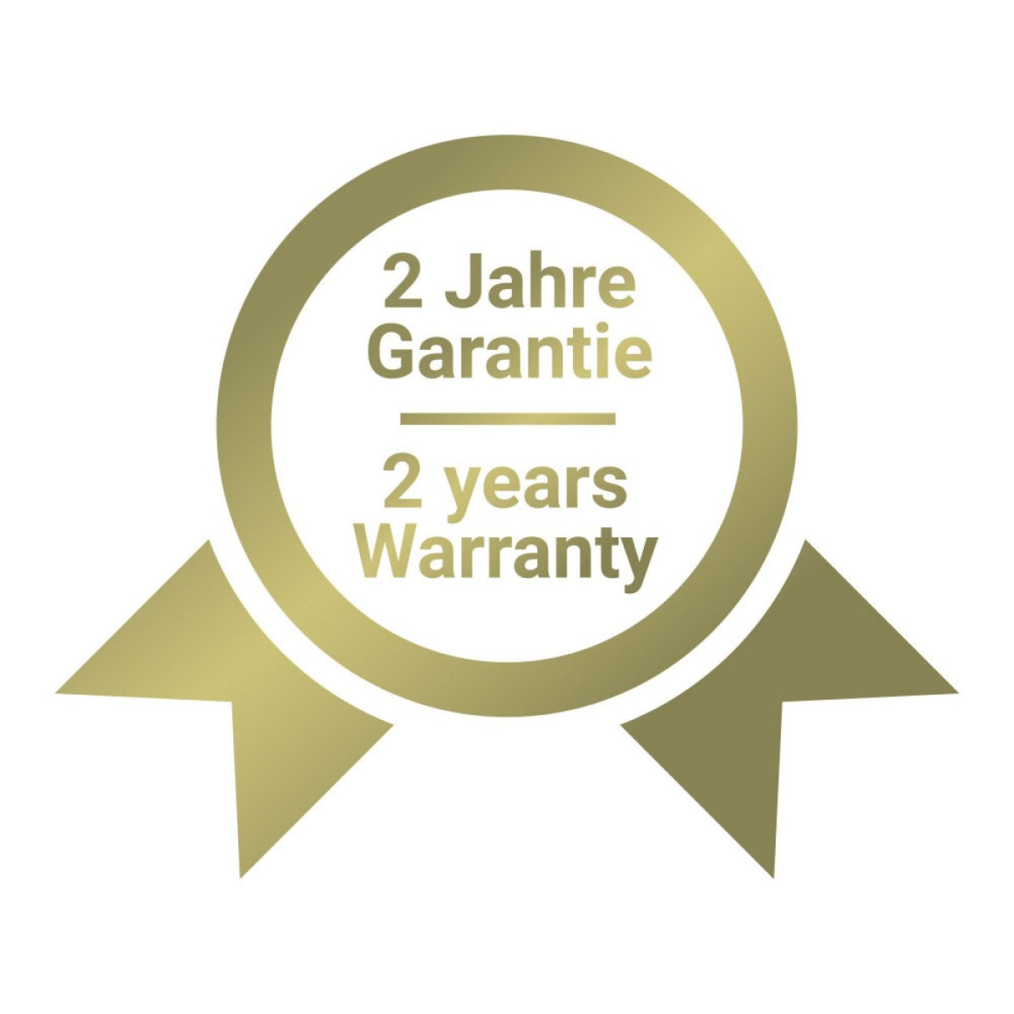 Goldenes Garantie-Abzeichen mit Text '2 Jahre Garantie', '2 years Warranty', auf weißem Hintergrund.
