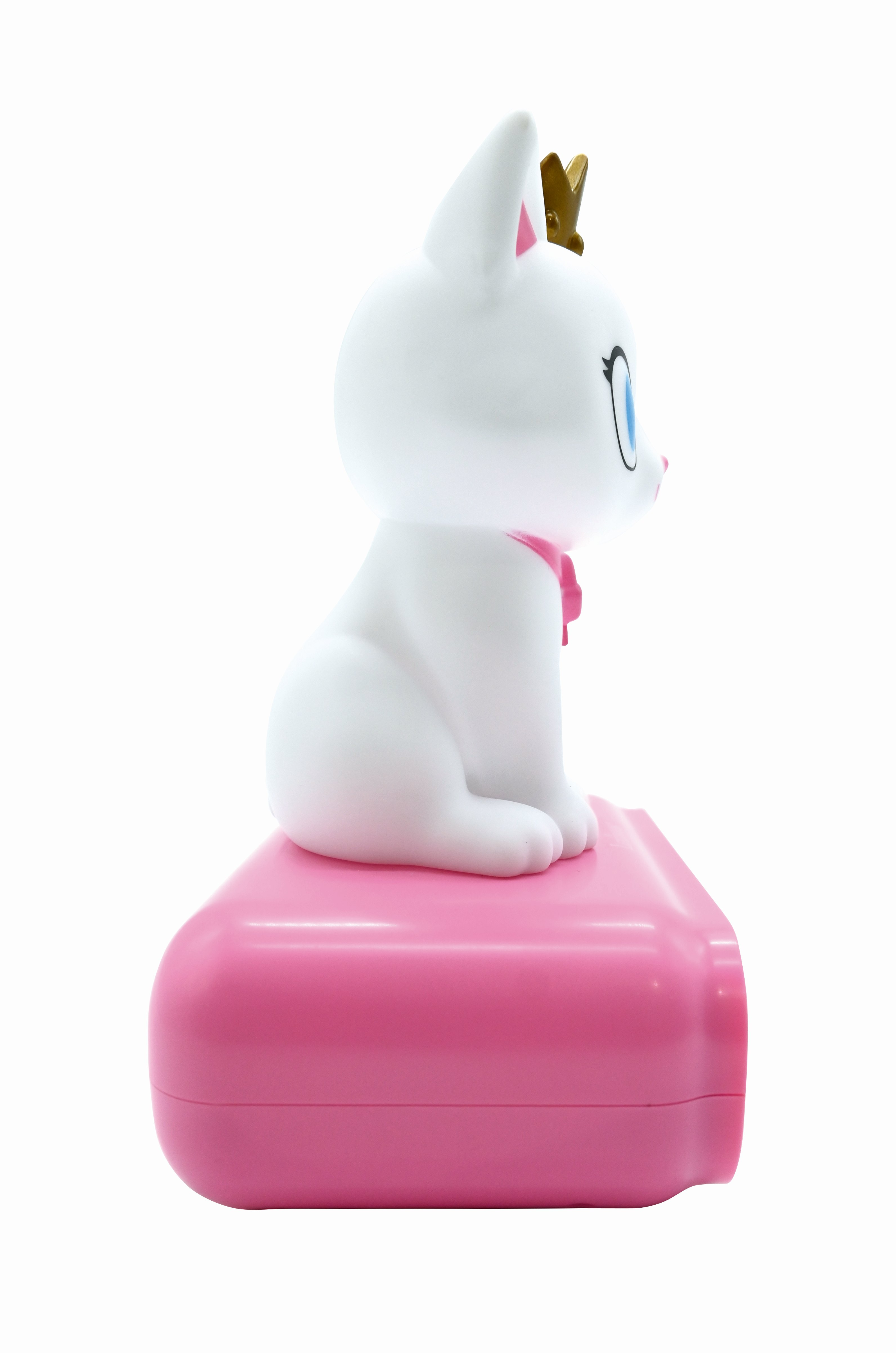 Lámpara blanca con forma de gato, con corona y lazo. Base rosa.