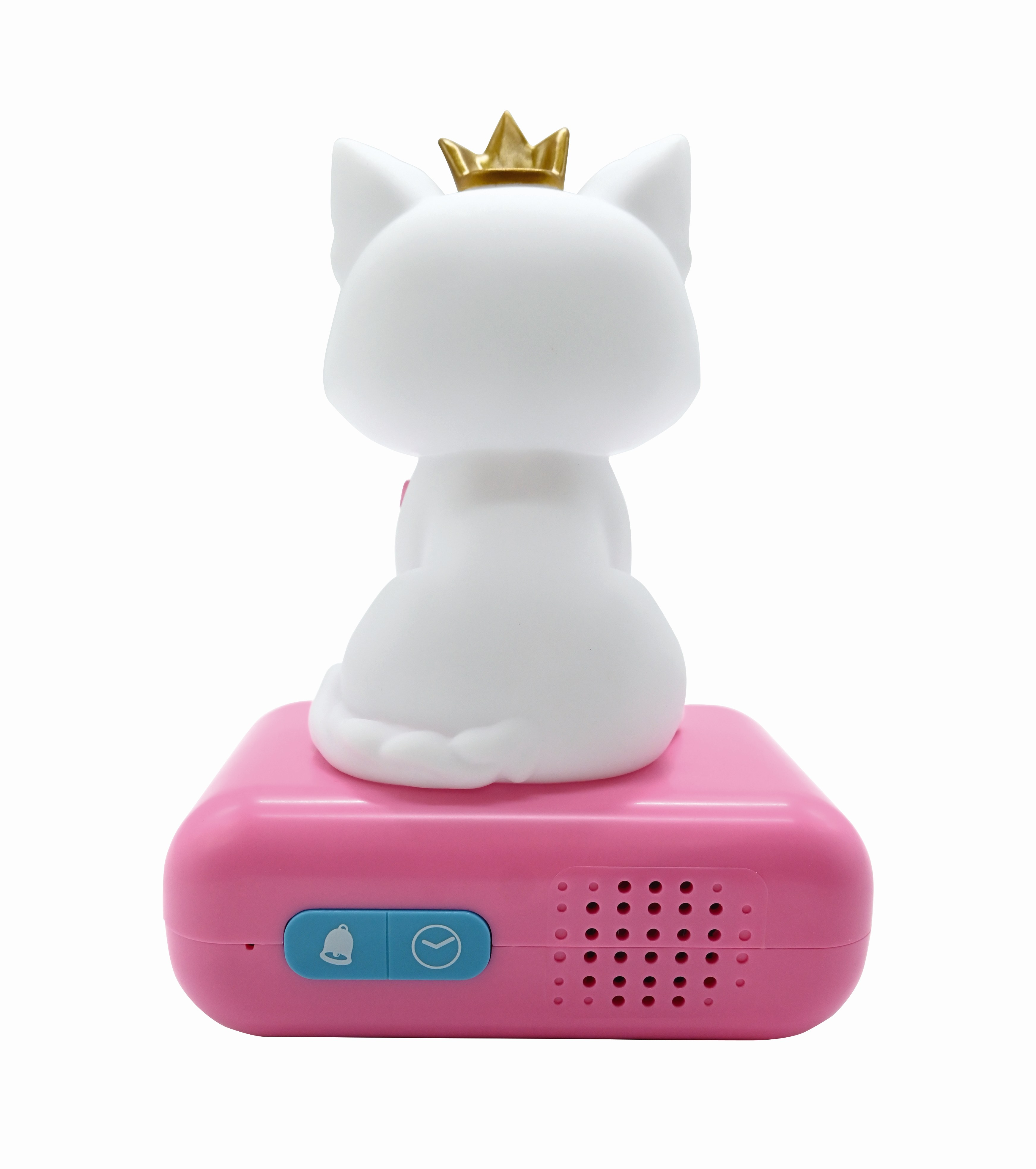 Figura de gato blanco con corona dorada en un despertador rosa.