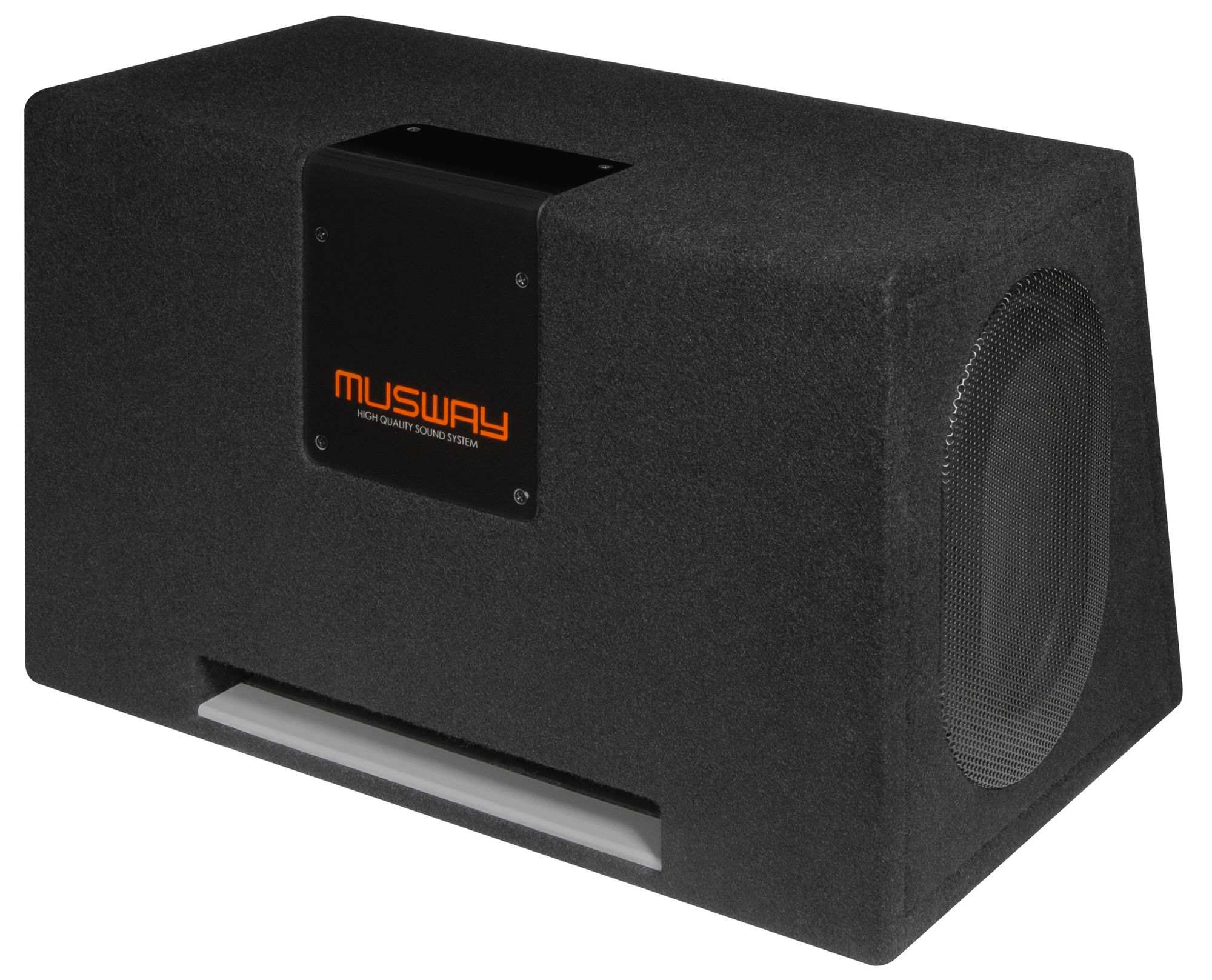 Schwarzer Subwoofer-Lautsprecher mit Musway-Logo, auf weißem Hintergrund. Mit Gitter abgedeckt.