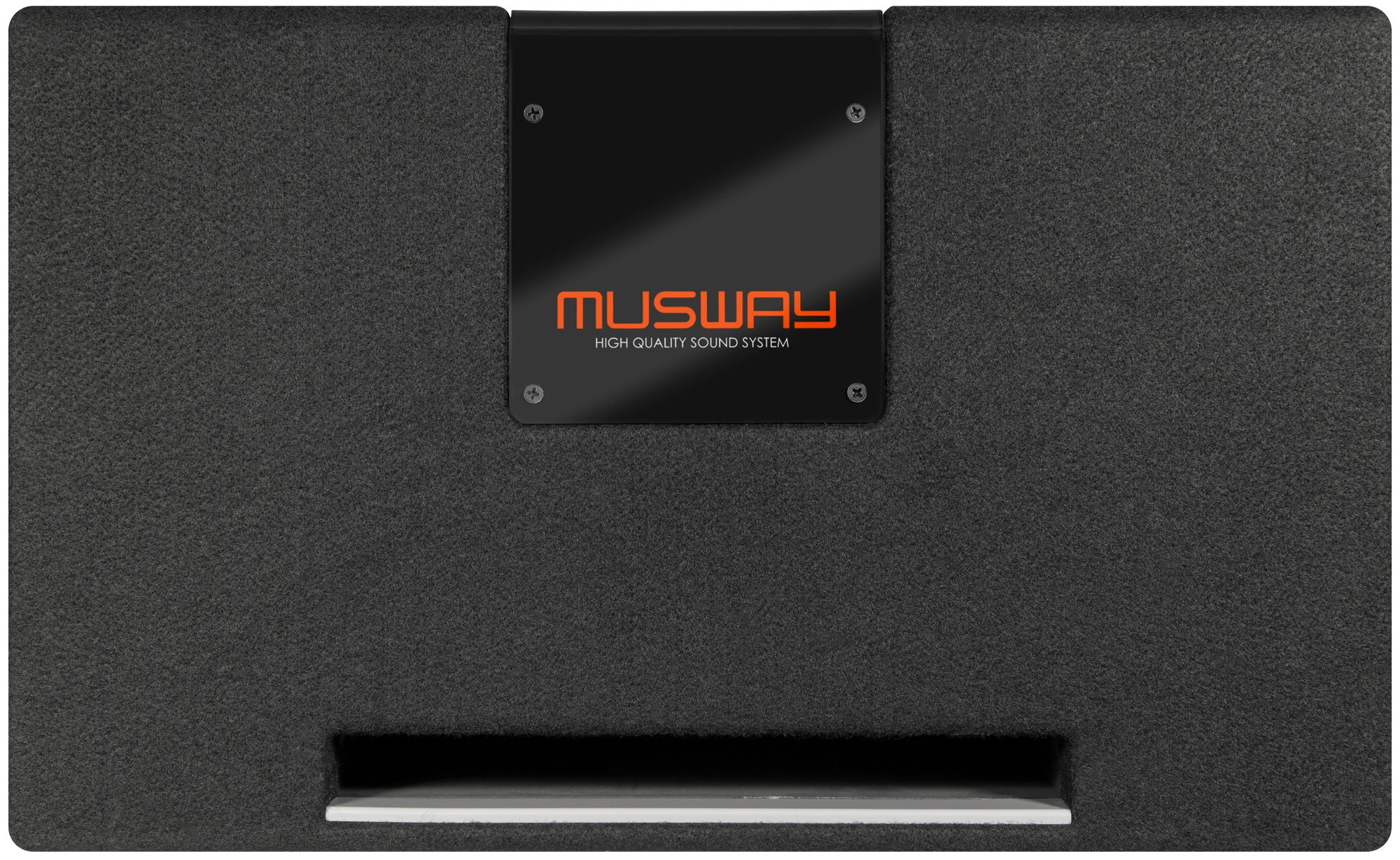 Schwarzer Subwoofer mit MUSWAY-Logo. Der Lautsprecher ist rechteckig, mit einem Schlitz unten.