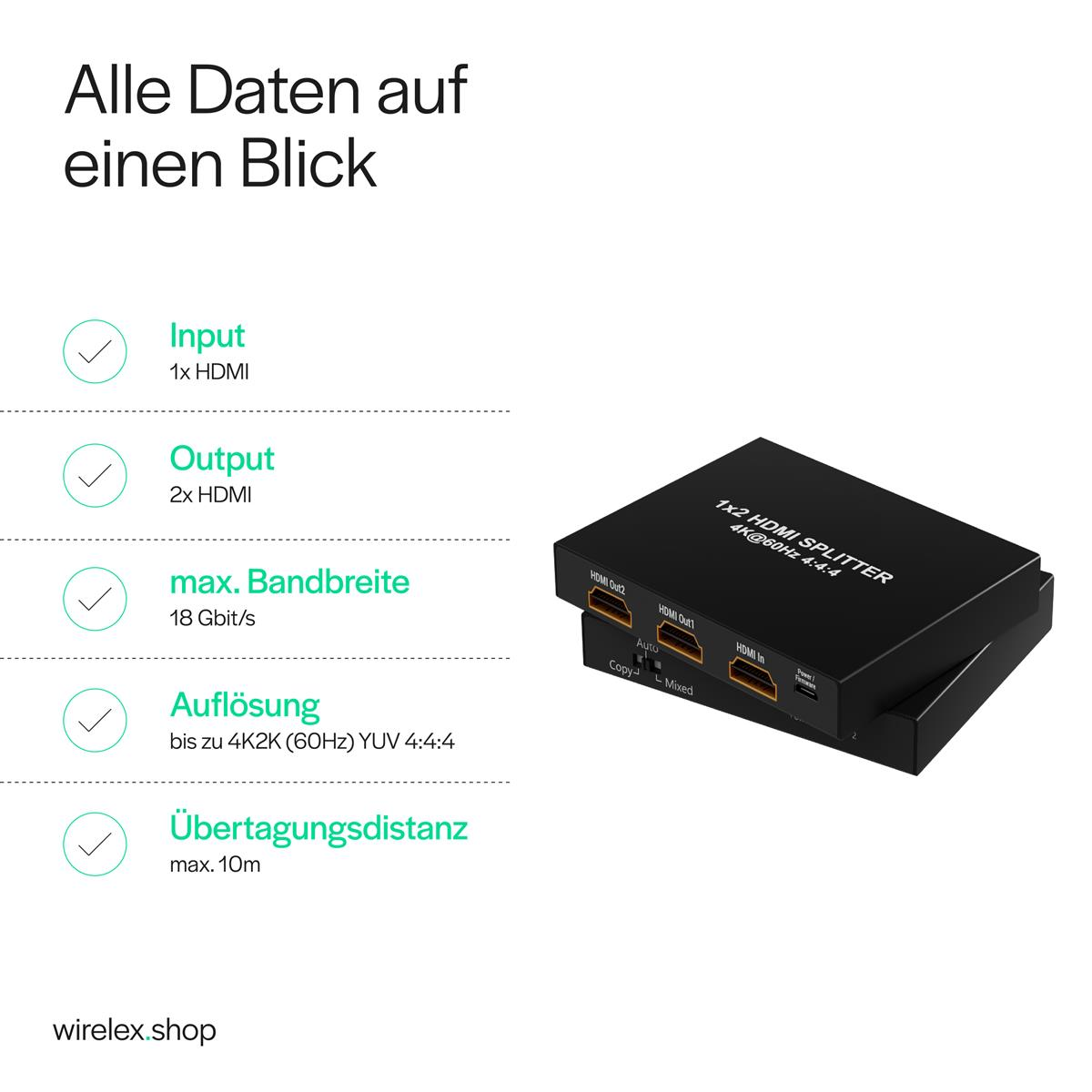 Schwarzer HDMI-Splitter mit Text darauf und Aufzählungspunkten mit Beschreibungen, auf weißem Hintergrund.