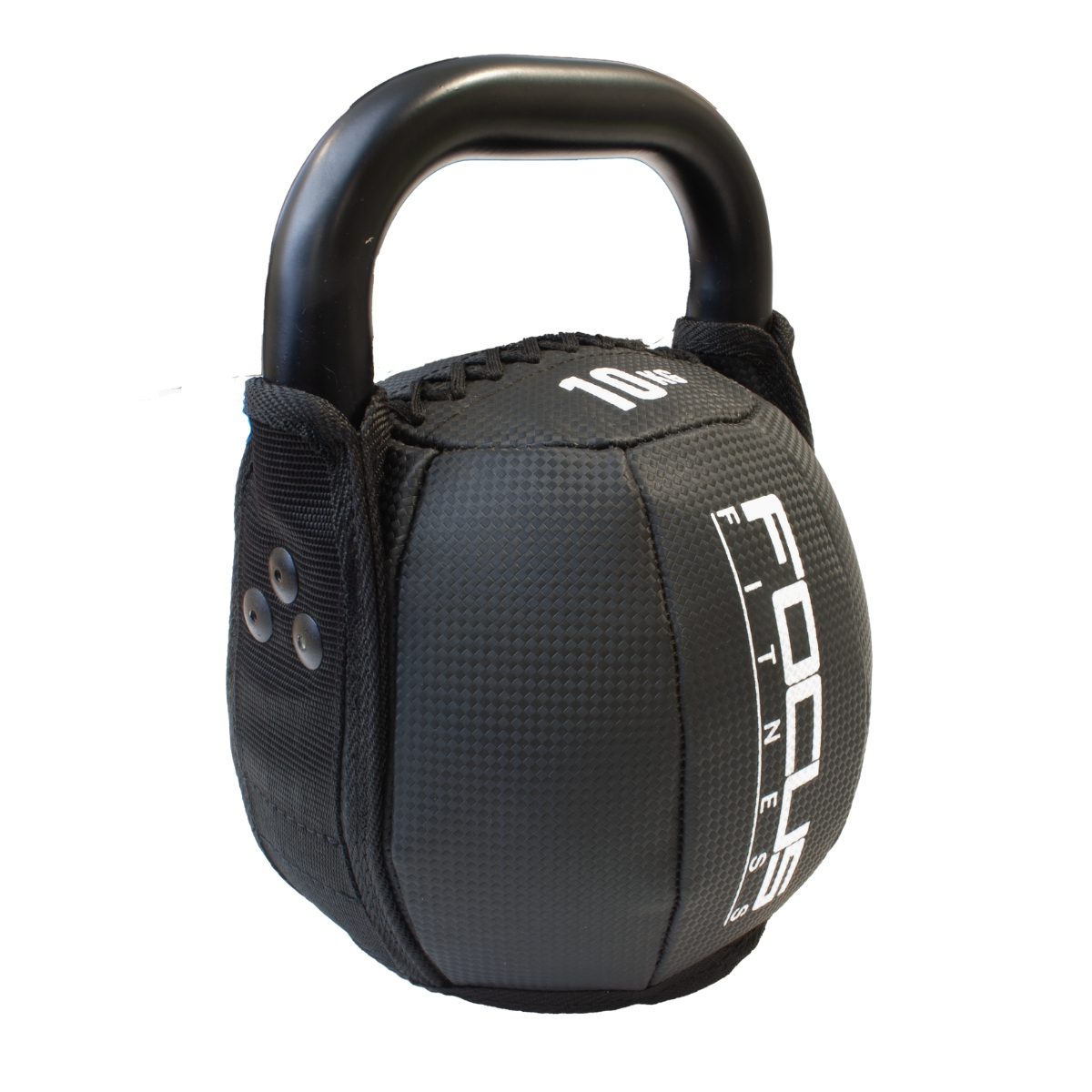 Black kettlebell with a padded handle and the word 'FOCUS' on the side. White background.