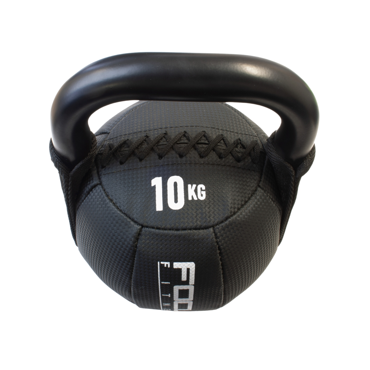 A black 10kg kettlebell with a black handle, isolated on white background.