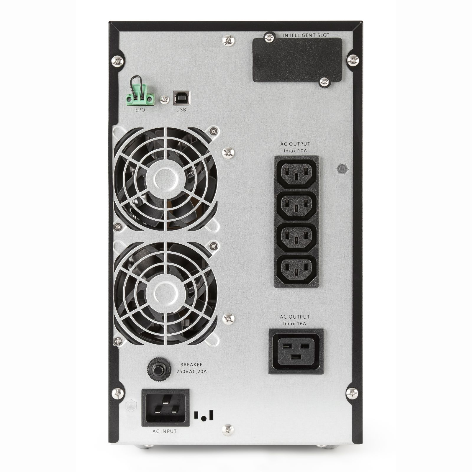Parte trasera de un dispositivo eléctrico negro con ventilaciones. Contiene puertos de entrada y salida de CA y un puerto USB.