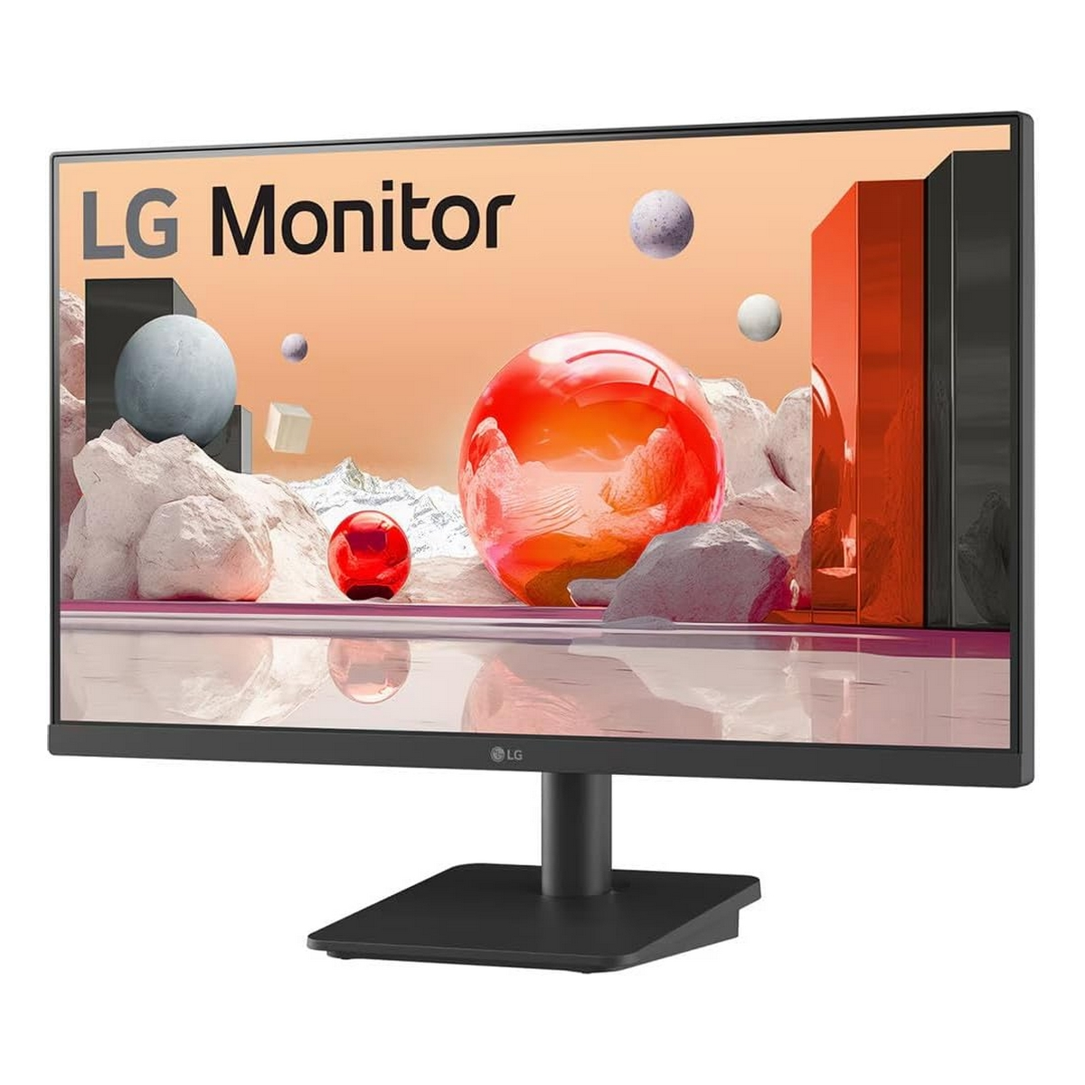 Monitor LG z kolorowymi abstrakcyjnymi kształtami na ekranie, czarną podstawą i ramką.