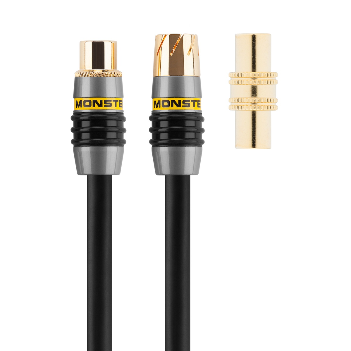 Zwei schwarze und graue Koaxialkabel mit goldenen Steckern und dem Wort „MONSTE“ in Gelb auf jedem.