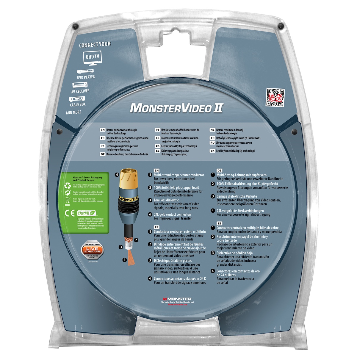 Verpackung eines MonsterVideo II Kabels, mit schwarzem und orangefarbenem Kabel und Texten.