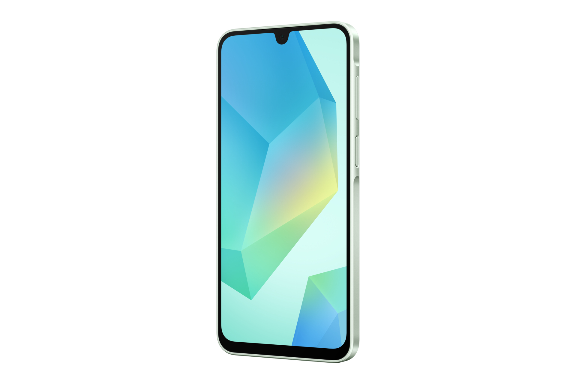 Ein Smartphone mit einem farbenfrohen, abstrakten Bildschirm. Das Telefon ist hellgrün und nach rechts geneigt.