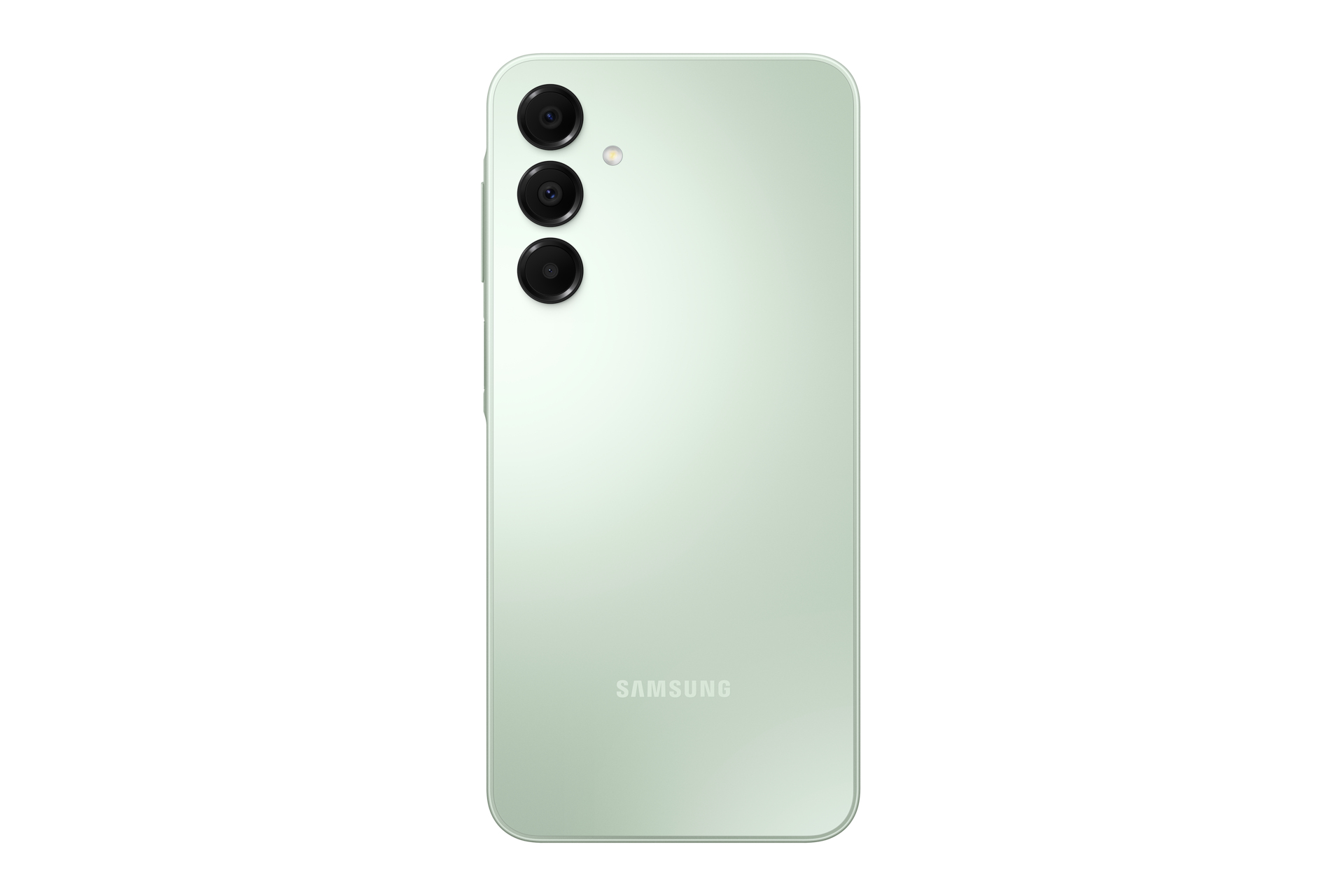 Grüne Smartphone-Rückseite mit drei Kameras und dem Samsung-Logo, weißer Hintergrund.