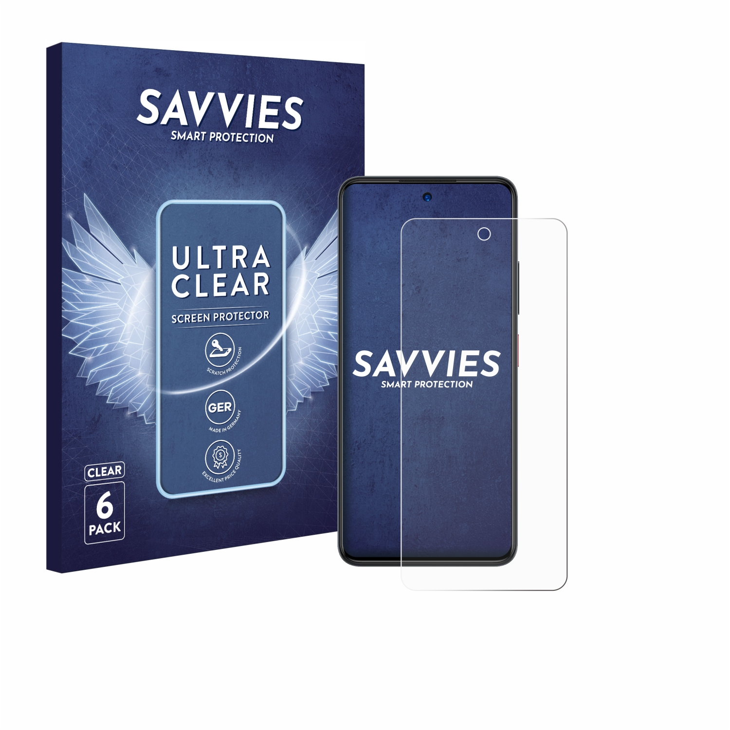 Box mit Displayschutzfolien und einem Telefon mit Displayschutzfolie. Die Box ist blau und weiß.