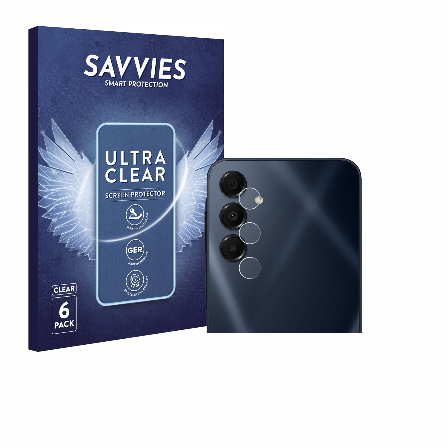 Telefon und Displayschutzfolien-Packung mit Telefon und Displayschutzfolie im Bild.