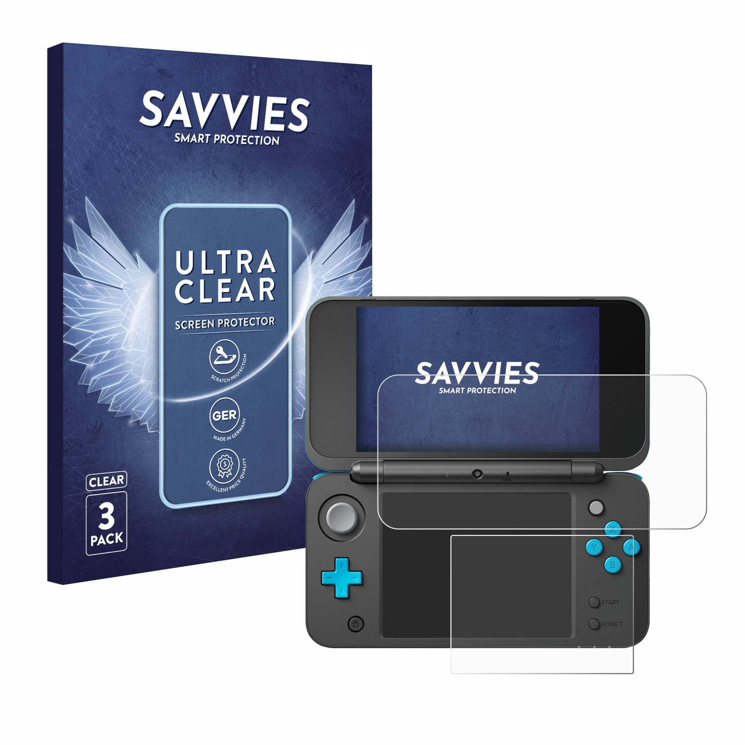Schachtel mit Displayschutzfolien, Nintendo 2DS und auf dem 2DS angebrachter Folie.