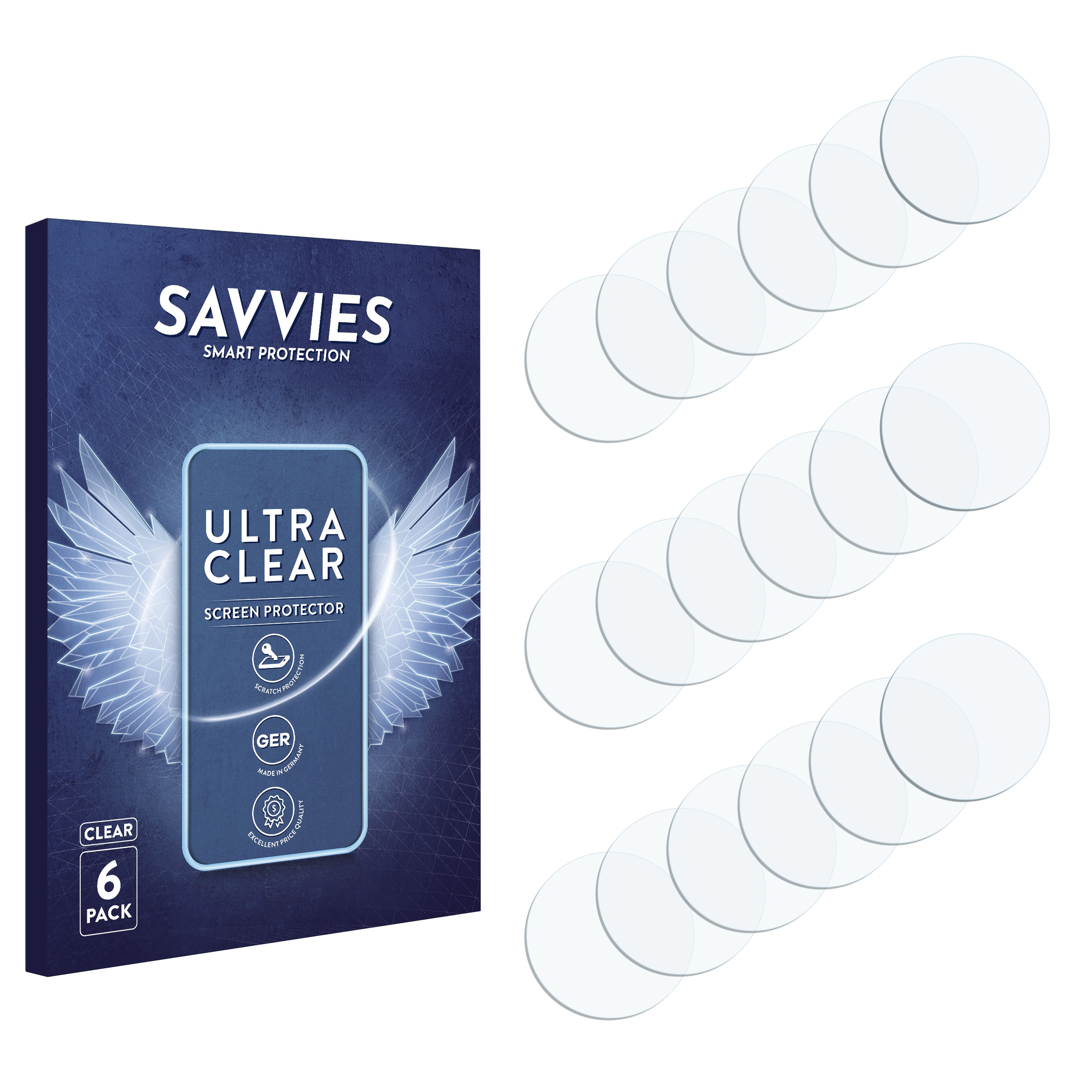 Verpackung für Displayschutzfolien und mehrere klare Displayschutzfolien.