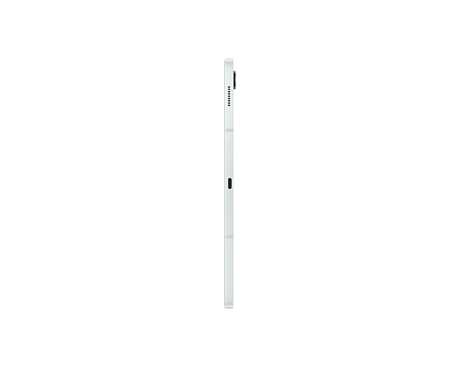 Vista laterale di un tablet bianco. È sottile e ha una striscia nera sul lato.