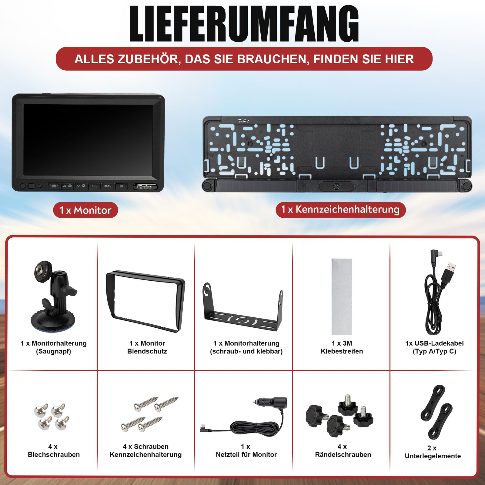 Verschiedenes Autozubehör wird angezeigt, darunter ein Monitor, ein Kennzeichenhalter und Kabel.