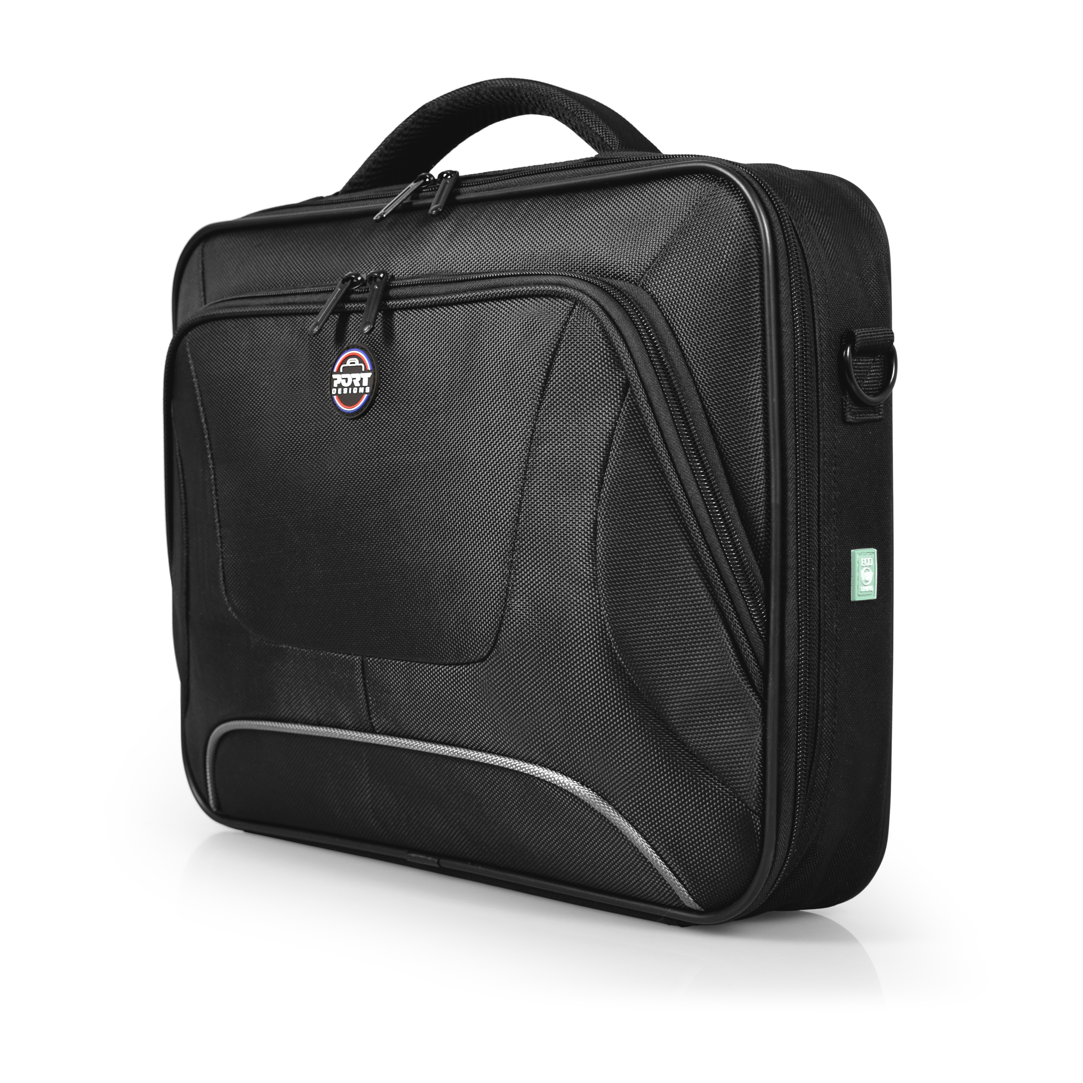 Een zwarte laptoptas met een handvat, een schouderriem en een logo aan de voorkant.