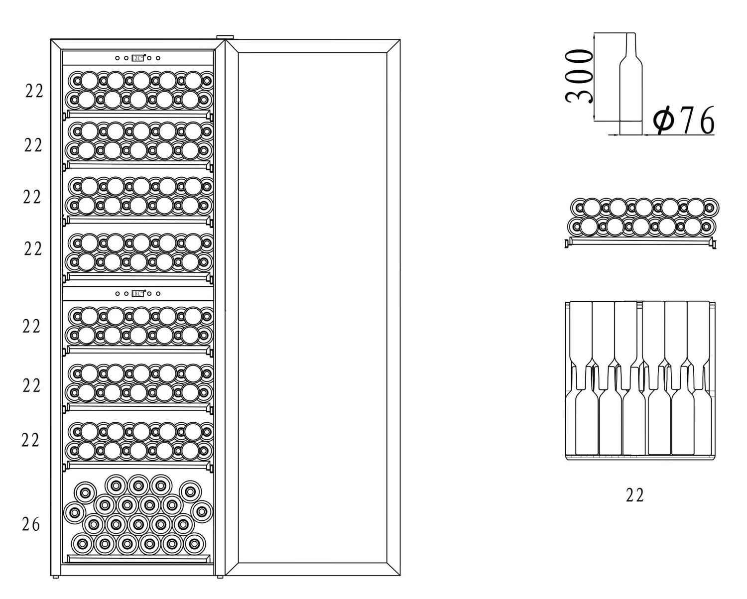 Weinkühler-Diagramm mit Flaschen darin und Maßangaben.