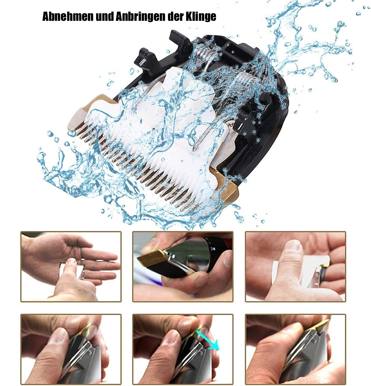 Schritte zum Entfernen einer Haarschneidemaschinenklinge werden gezeigt, mit Wasserspritzern.