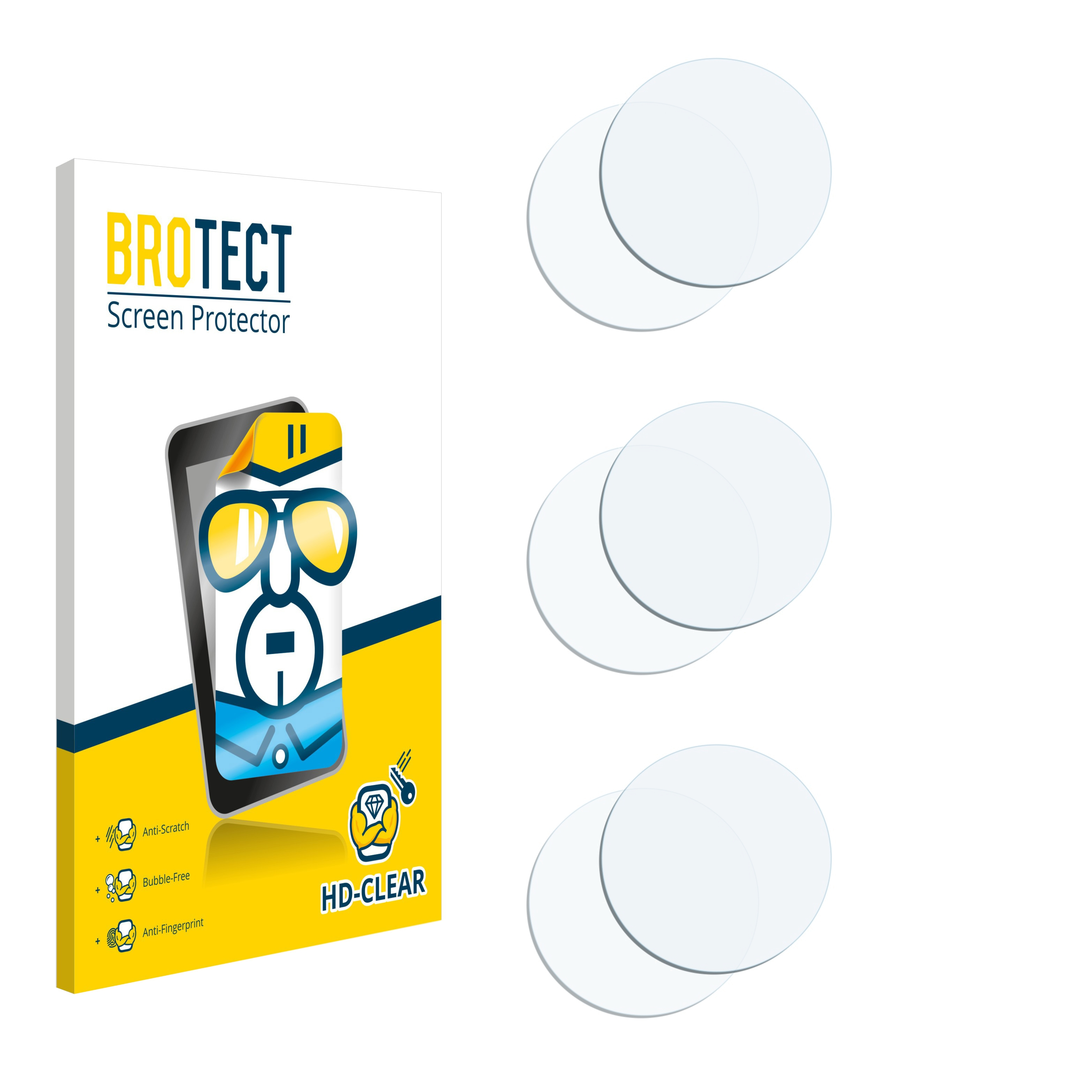 Verpackung für Displayschutzfolie mit Telefonillustration und runden, klaren Displayschutzfolien.