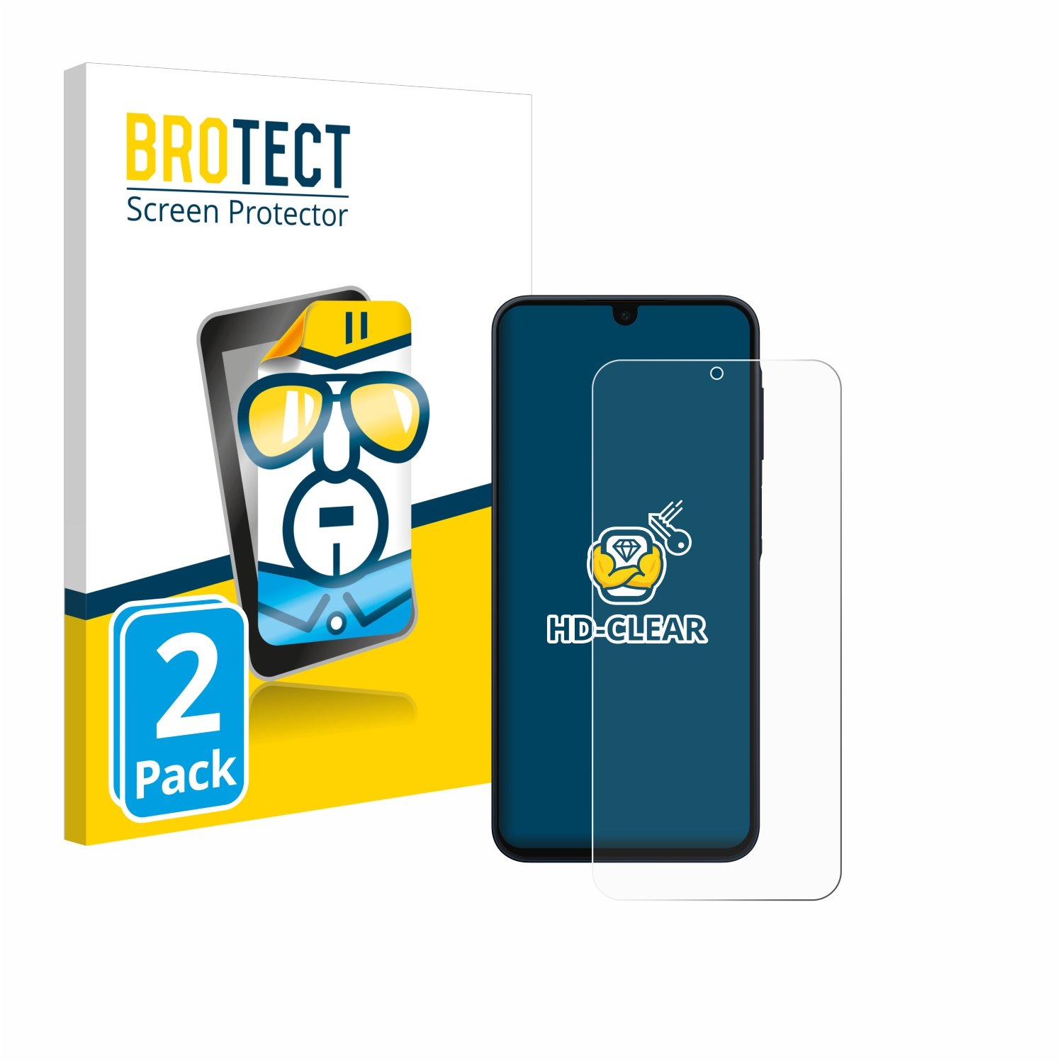 Telefon mit Displayschutzfolie. Box zeigt Telefon mit Schutzfolien-Illustration und 2er-Pack-Etikett.