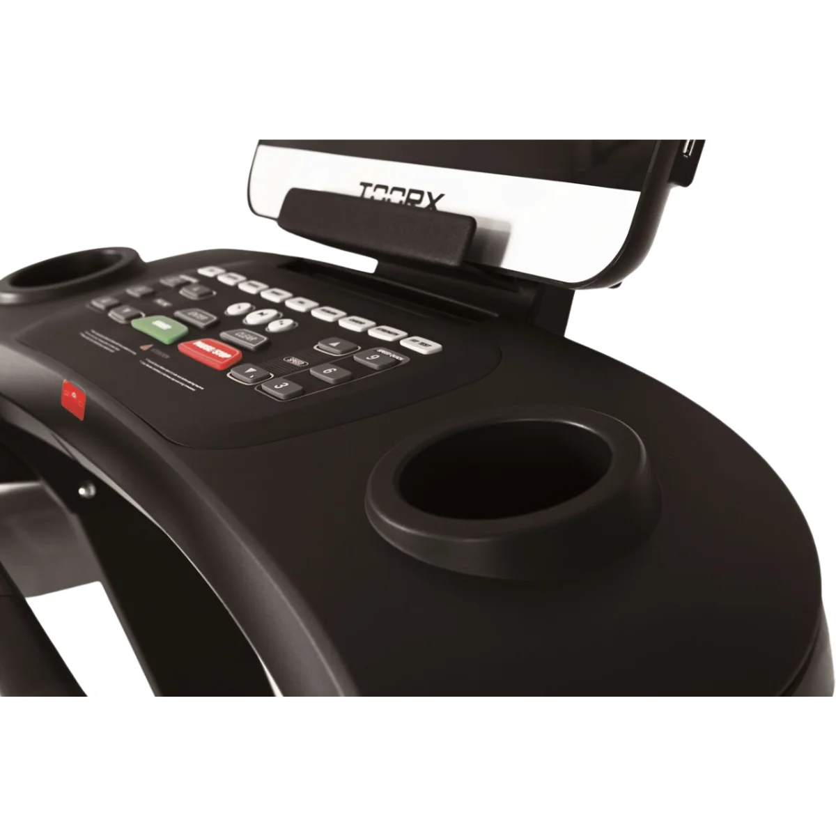 Close-up of a black treadmill console with buttons and a cup holder.