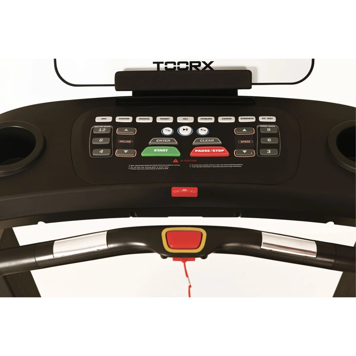 Treadmill control panel with buttons like 'Start', 'Stop', and speed settings.