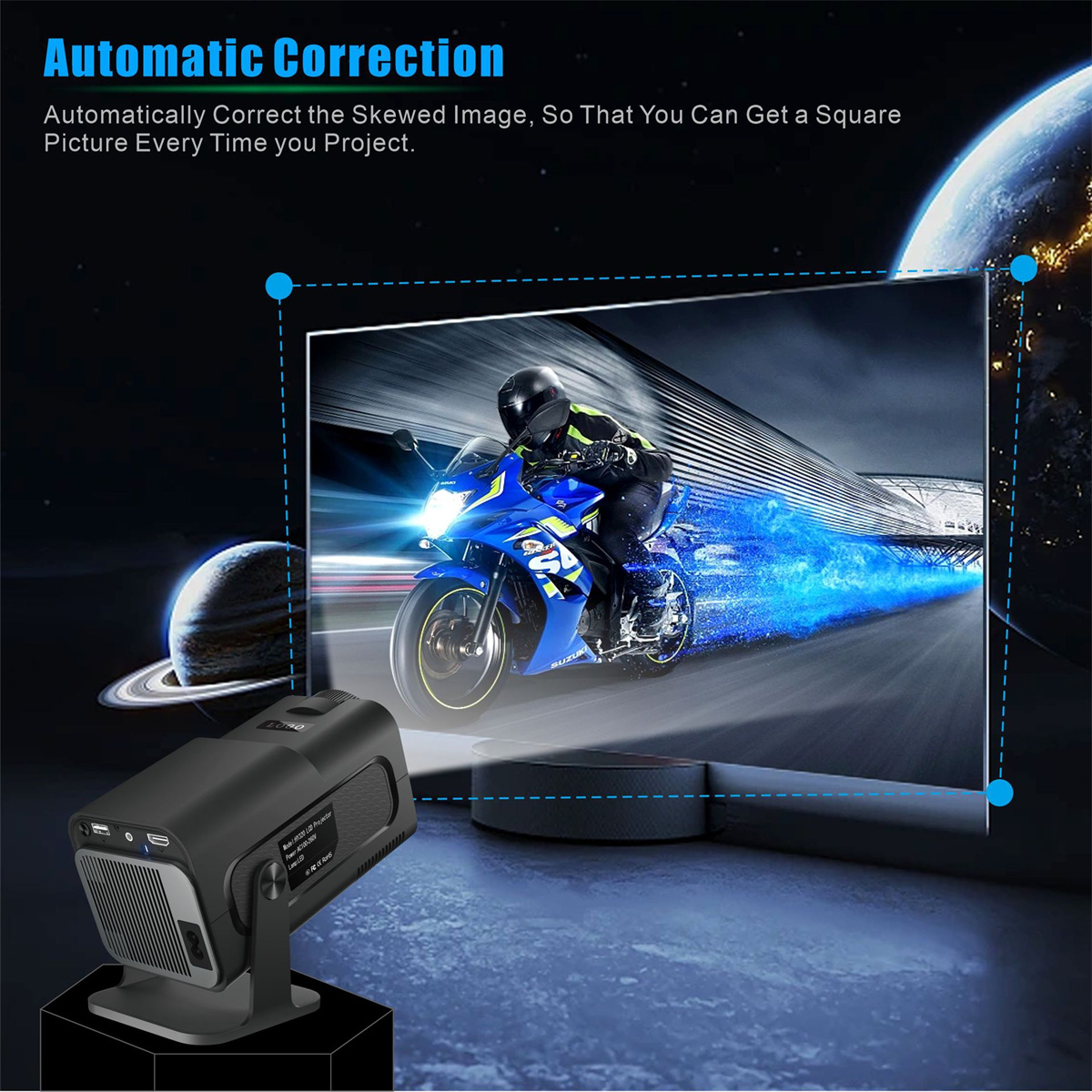 Ein Projektor projiziert ein Motorradbild auf eine Leinwand, mit Erde und anderen Planeten im Hintergrund.