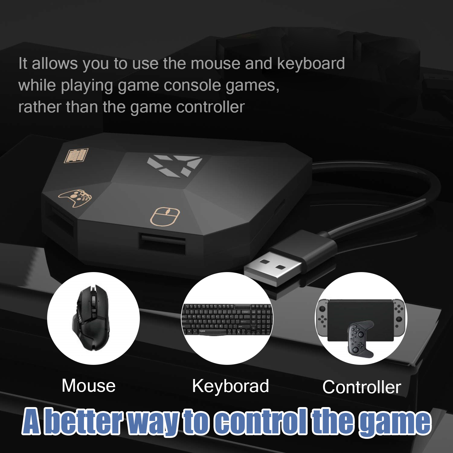 Czarny adapter do konsoli do gier z ikonami myszy, klawiatury i kontrolera. Dołączony jest kabel USB.