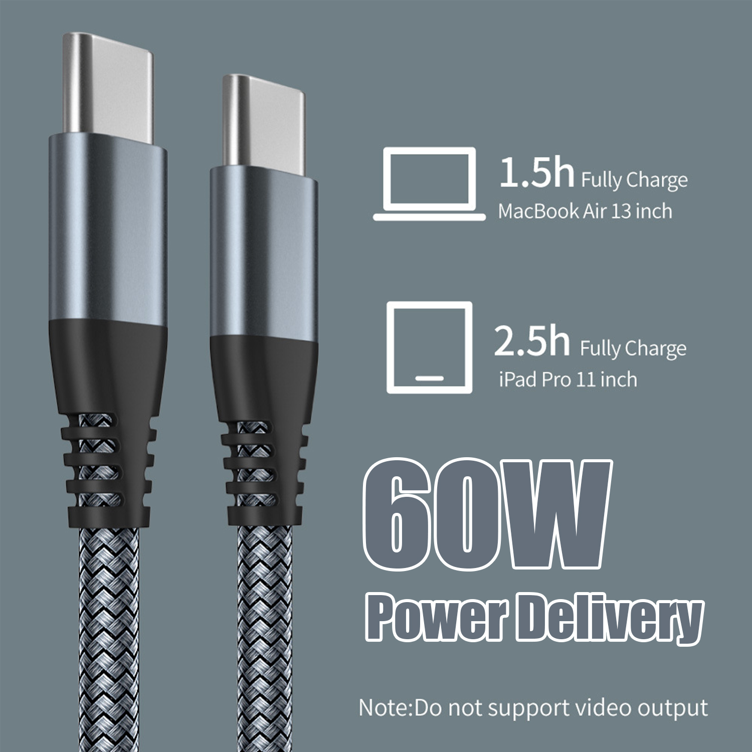Due cavi USB-C con un'etichetta di alimentazione da 60 W. Indica i tempi di ricarica per MacBook Air e iPad Pro.
