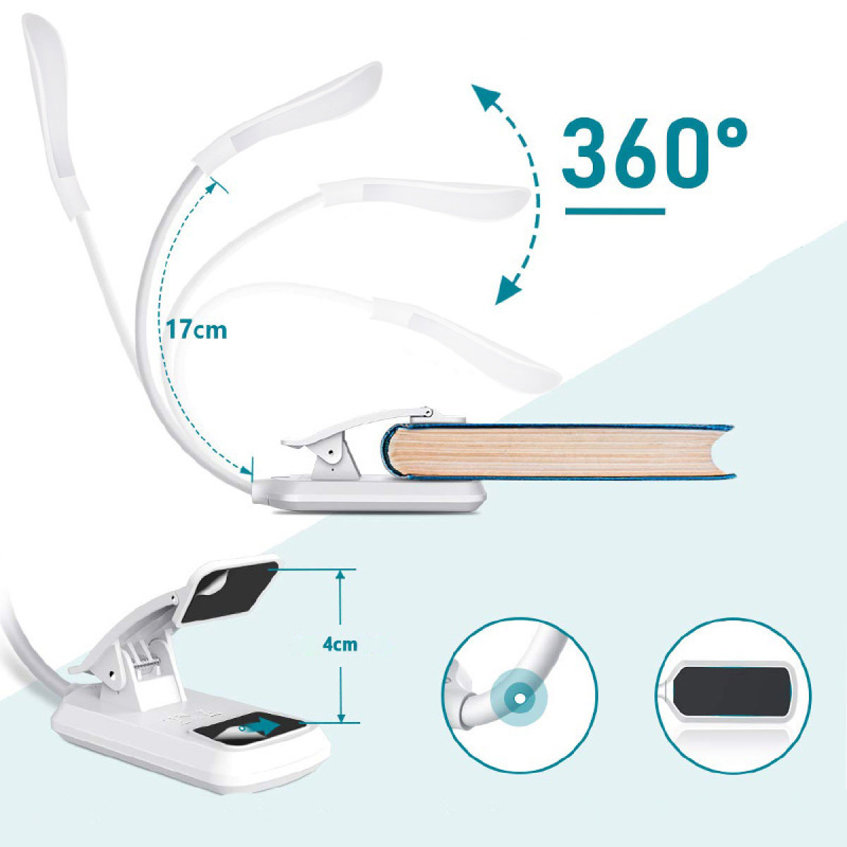 Flexibele LED-boekenlamp, met verstelbare arm, clip en licht vanuit verschillende hoeken.
