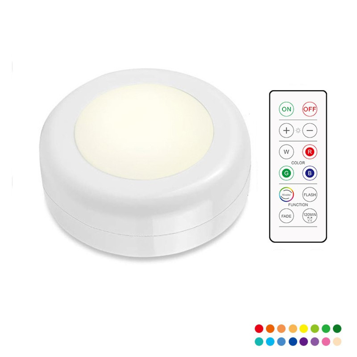 Luz LED redonda blanca con mando a distancia y carta de colores.