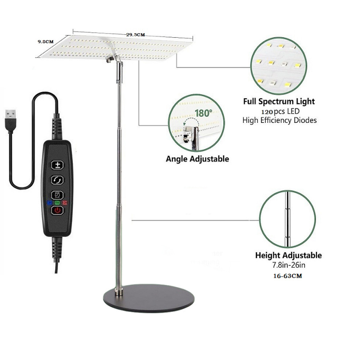 Una lampada di coltivazione a LED a spettro completo con supporto, pannello di controllo e diagramma delle dimensioni.