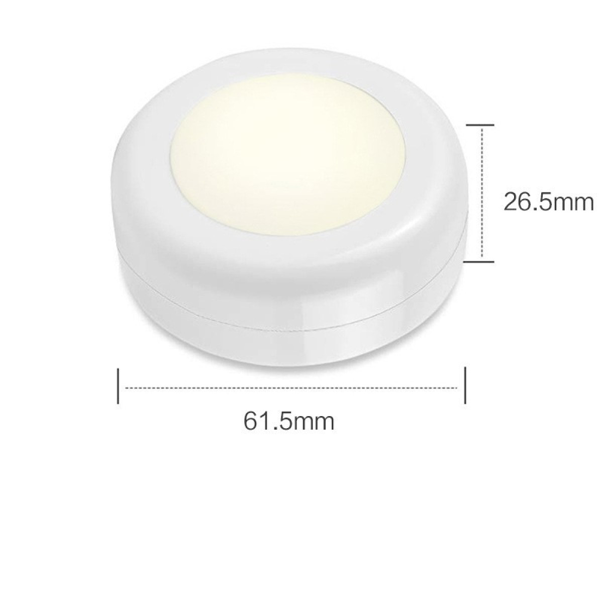 Una luz empotrada redonda y blanca con dimensiones: 61.5mm x 26.5mm.