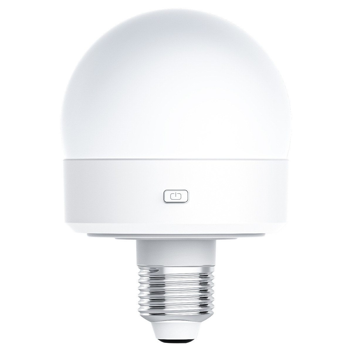 Een witte, ronde gloeilamp met een aan/uit-knop op een witte basis, geïsoleerd op wit.