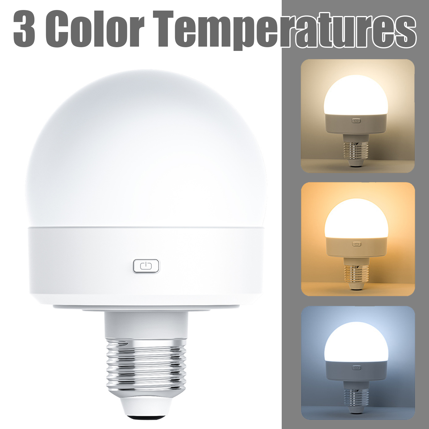 Witte gloeilamp met drie voorbeelden van kleurtemperatuur. Drie lampen tonen verschillende lichtkleuren.