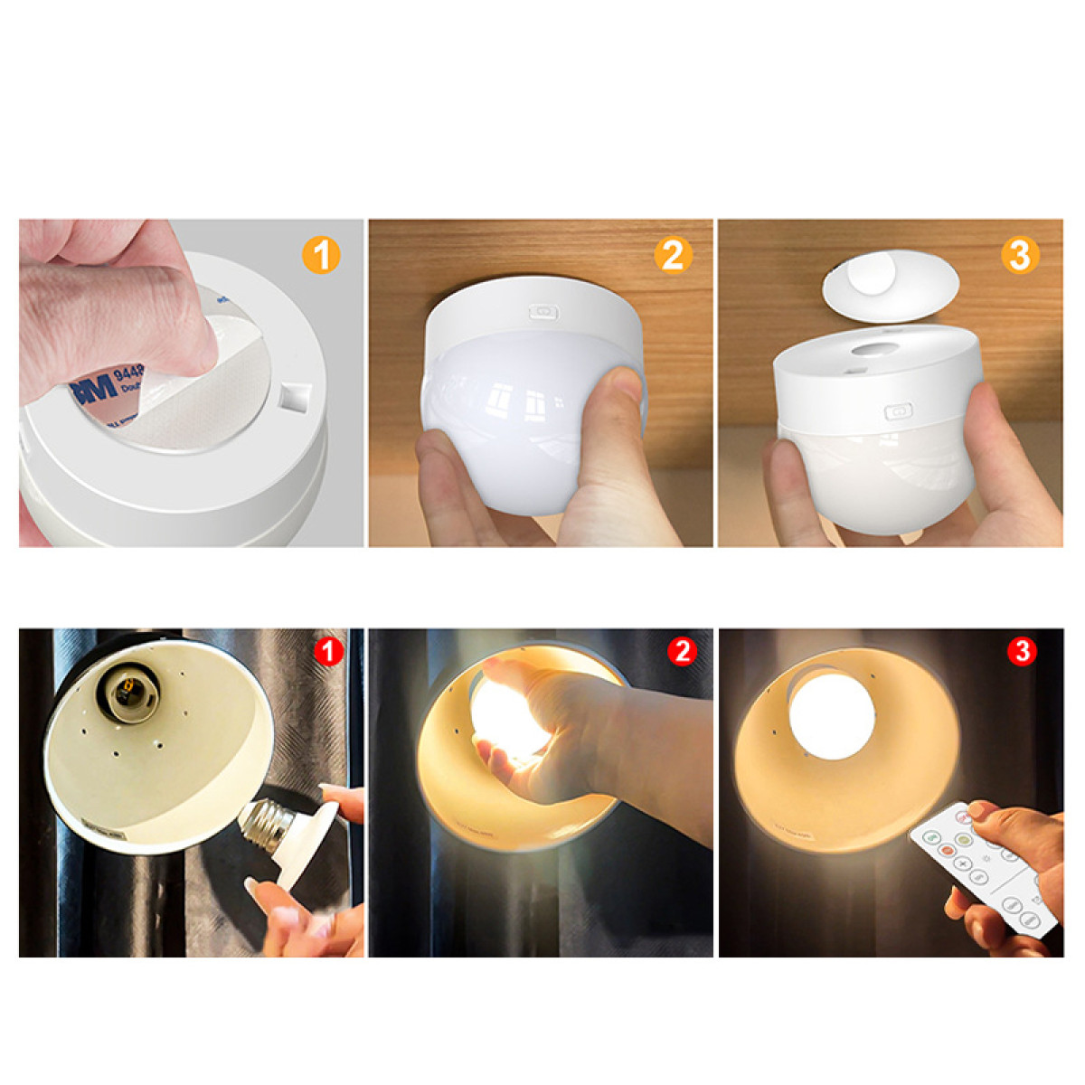 Stappen om een lamp te monteren. Het toont het bevestigen van onderdelen en het gebruik van een afstandsbediening.