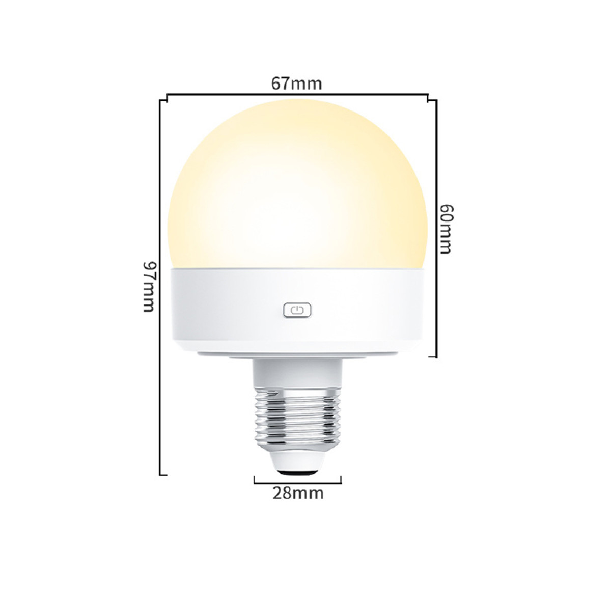 Een witte en gele LED-lamp. Afmetingen worden in mm weergegeven.