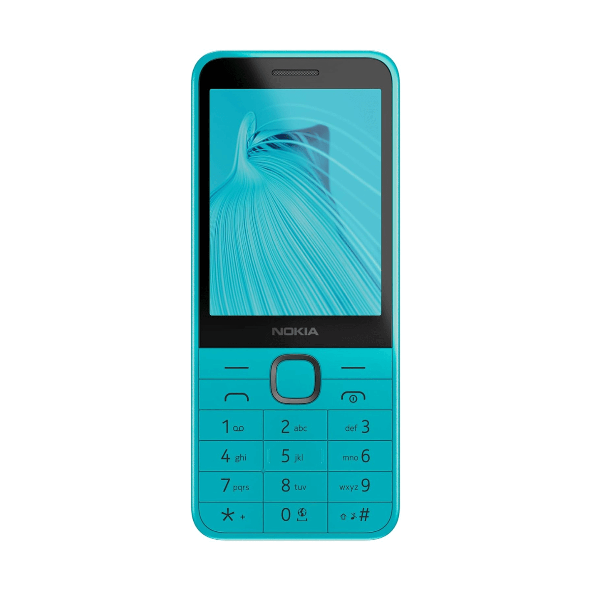 Telefono Nokia turchese. Con tastiera, schermo e logo Nokia. Forma rettangolare.